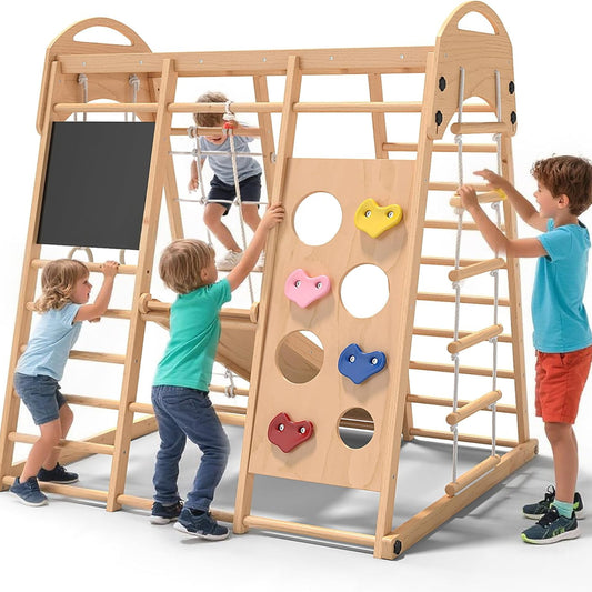 Freelawn Klettergerüst Indoor Montessori 9-in-1 Holz Spielplatz - Kletternetz, Rutsche, Sprossenwand für Kinder 1-6 Jahre (Natur)