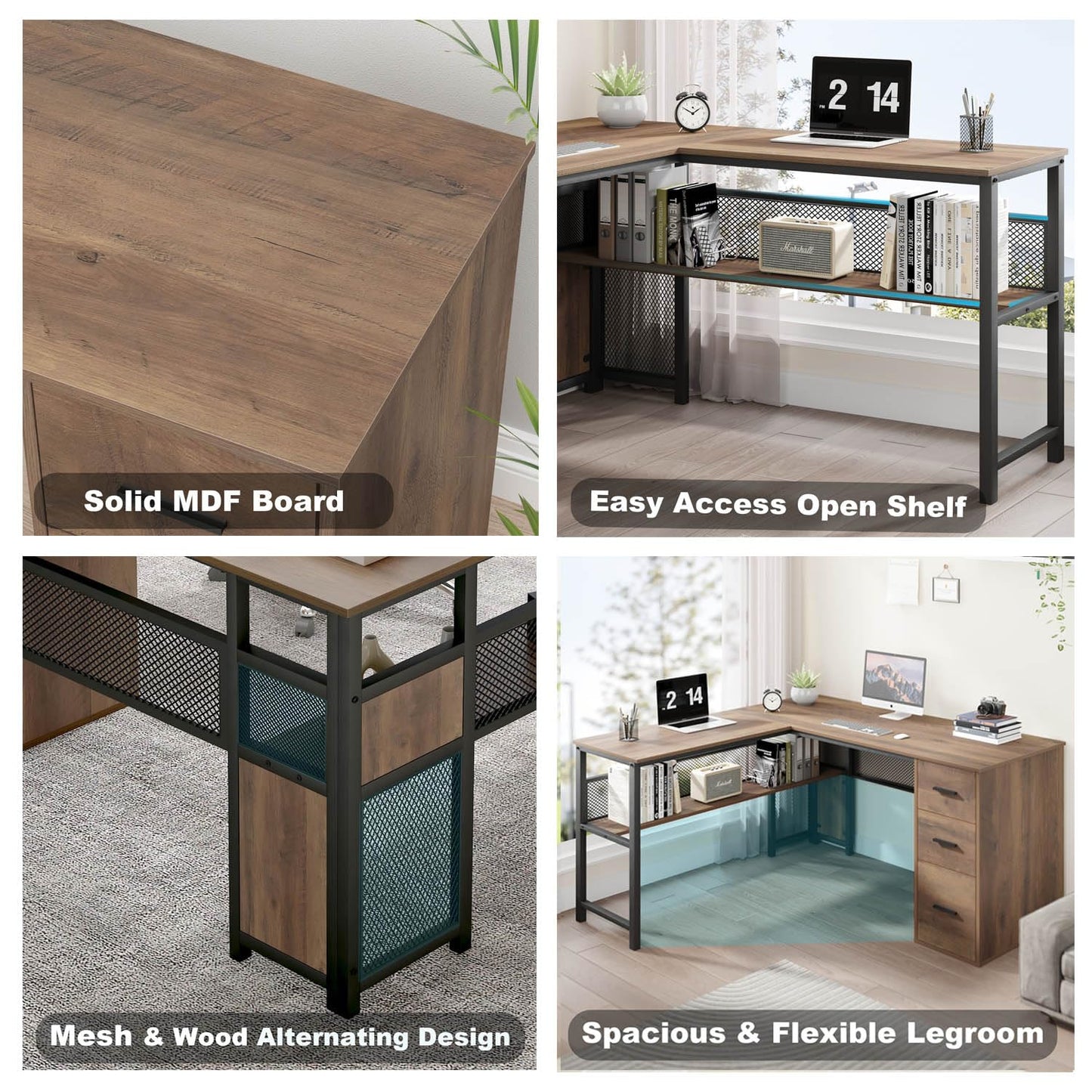 LVB White L Shaped Corner Desk with Drawers, Reversible Modern L Shaped Computer Desk with Storage Cabinets, Large L Shaped Wooden L Shaped Desk Metal L Shape