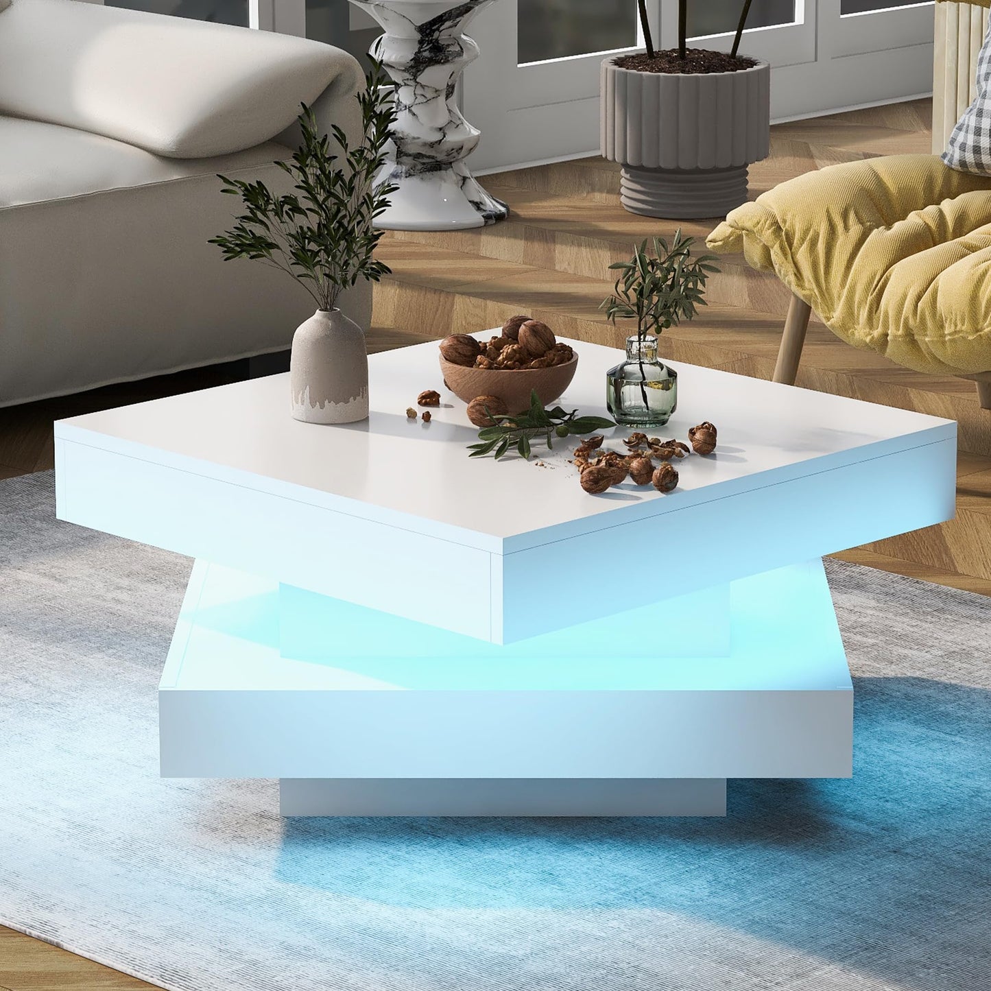 Merax Coffee Table LED High Gloss Middle Table Tea Table for Living Room Black Living Room Table with 2 Drawers and Open Compartment, Rectangular Side Table Sofa Table Coffee Table for Bedroom Office