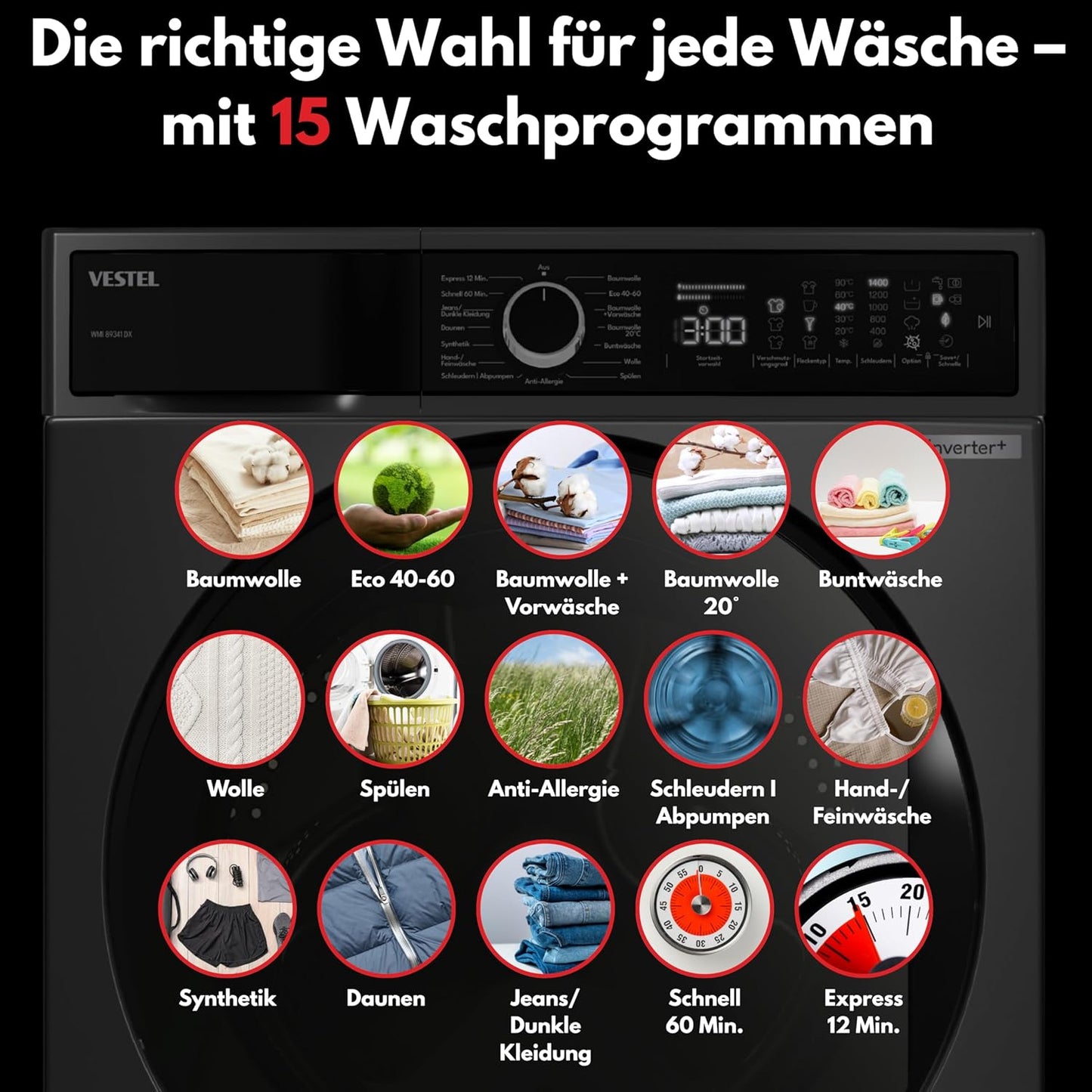 VESTEL WMI 89341 DX Washing Machine Front Loader, 8 kg, 1400 rpm, Inverter Motor, Steam, AquaStop + Switch, Dark Stainless Steel