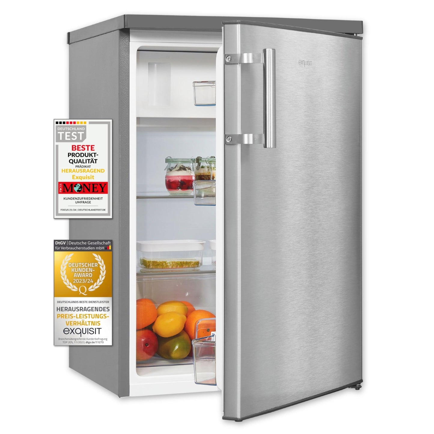 Exquisit Fridge with Freezer, 120 Litres, 2 Shelves, Vegetable Drawer, 4-Star Freezer, Freestanding, Door Hinge, EEK D, KS516-4-H-010D White