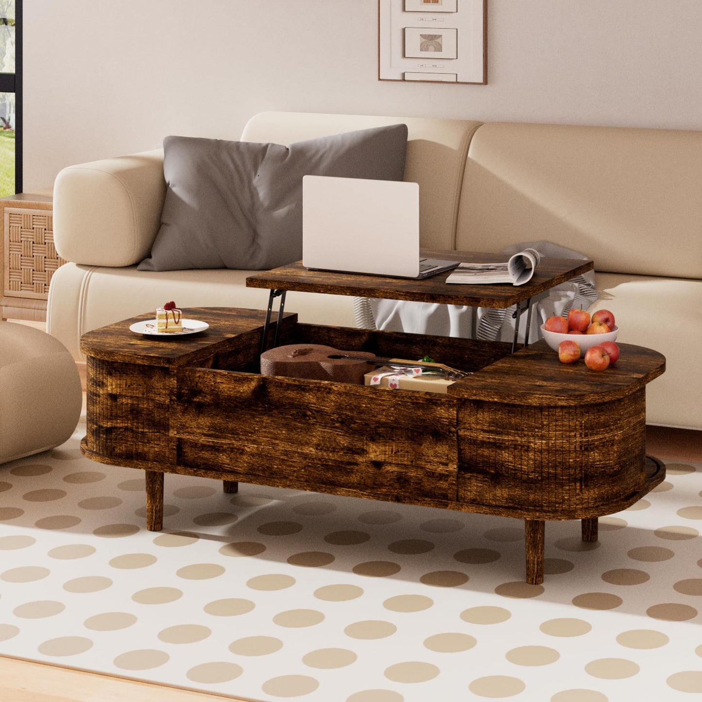 Coffee Table with Lifting Top - Modern Wooden Table with Unique Texture & Hidden Storage Space, Coffee Table for Living Room, Bedroom, Small Spaces, Home Office