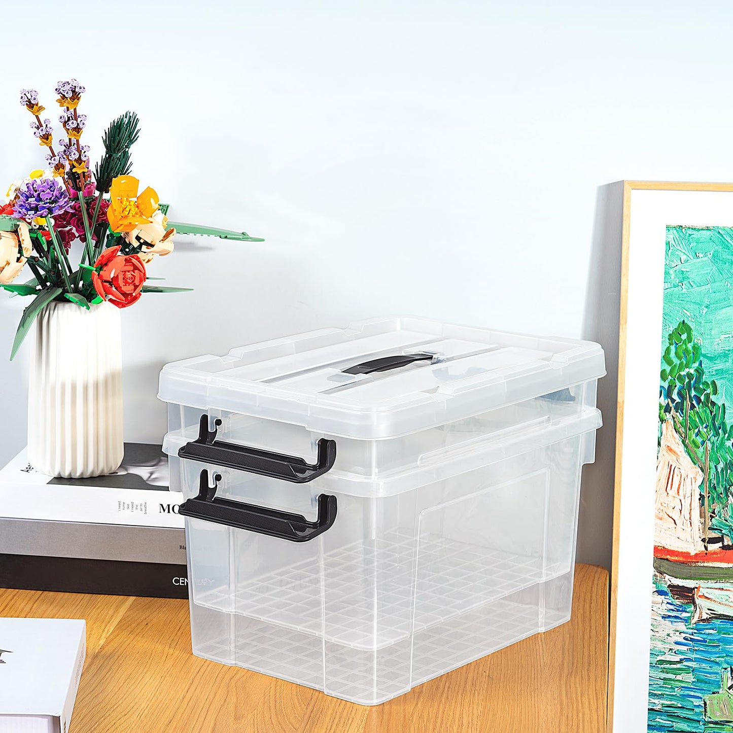 Cetomo 45 L x 3 Storage Boxes, Portable Plastic Boxes with Lids, Organiser Container with Handle and Clips, Stackable, Nestable, for Home and Office, Transparent, 45 L, Pack of 3