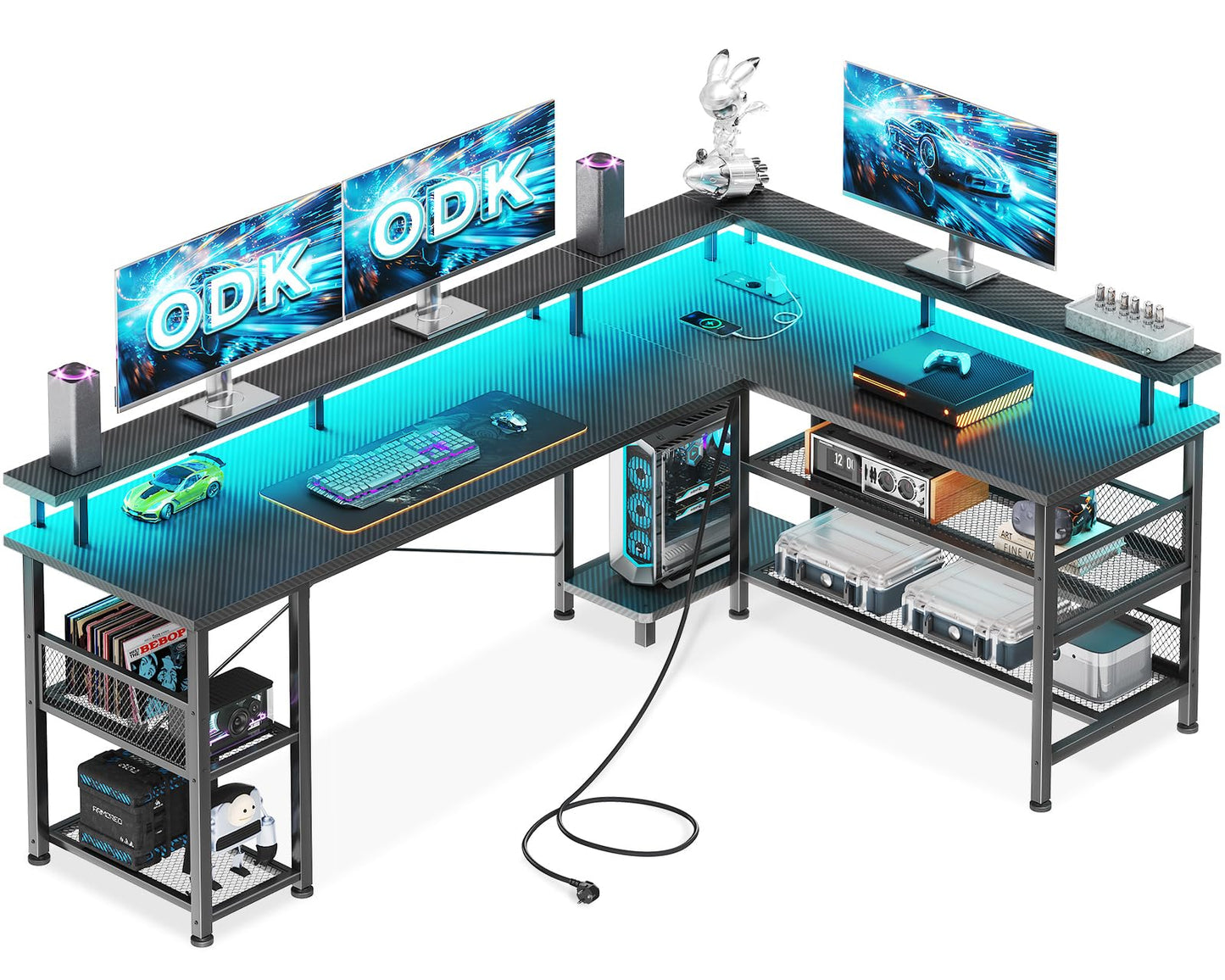 ODK Gaming Table with LED, Reversible Gaming Desk with 2 Sockets and 2 USB Charging Ports, Large Corner Desk with Mesh Shelf, Carbon Fibre Black, 168 x 120 cm