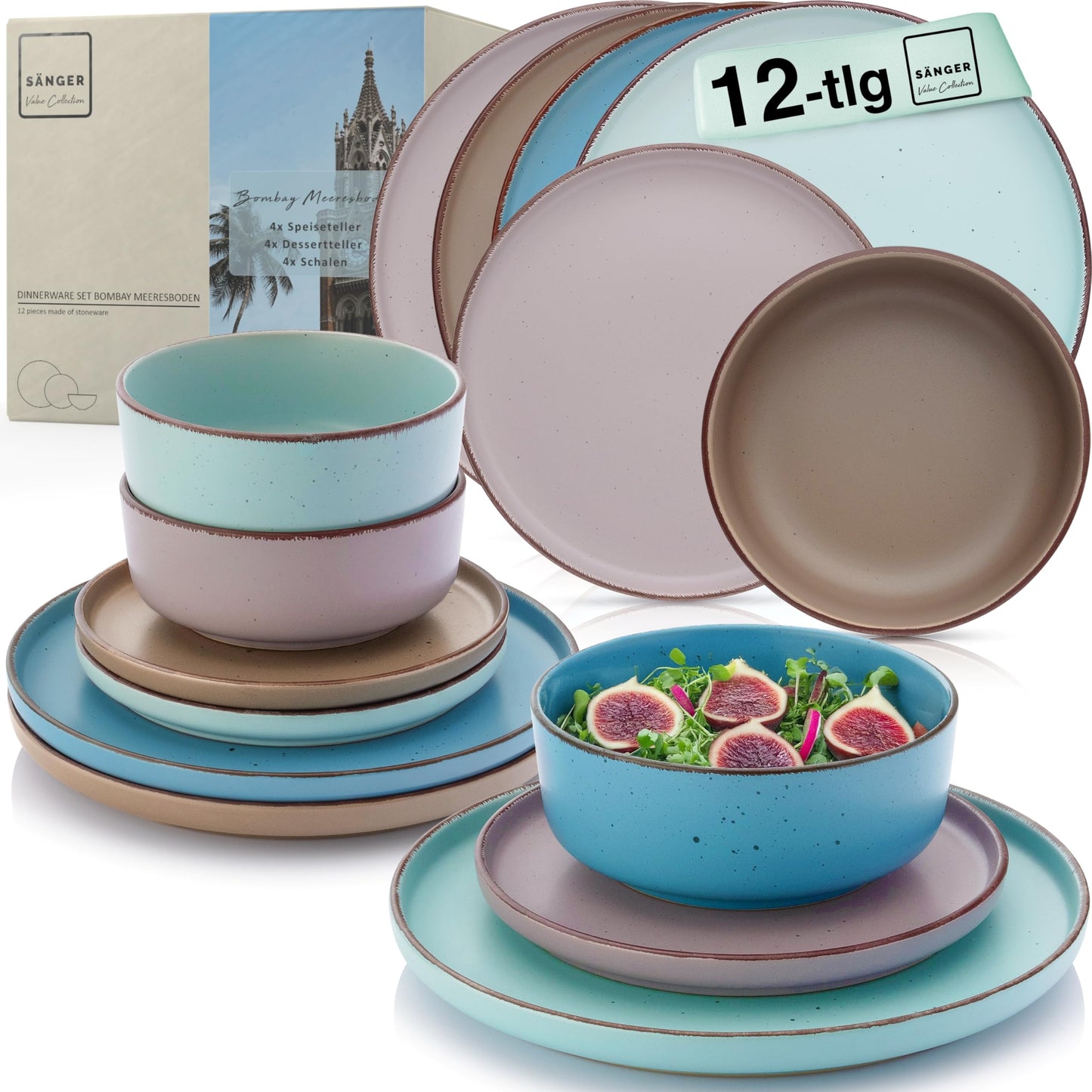 SÄNGER Bombay Seabed Crockery Service 20 Pieces, Stoneware Crockery for 4 People, 4 x Dinner Plates, 4 x Dessert Plates, 4 x Bowls, 4 x Pasta Plates, 4 x Coffee Mugs, Plate Set Colourful Value