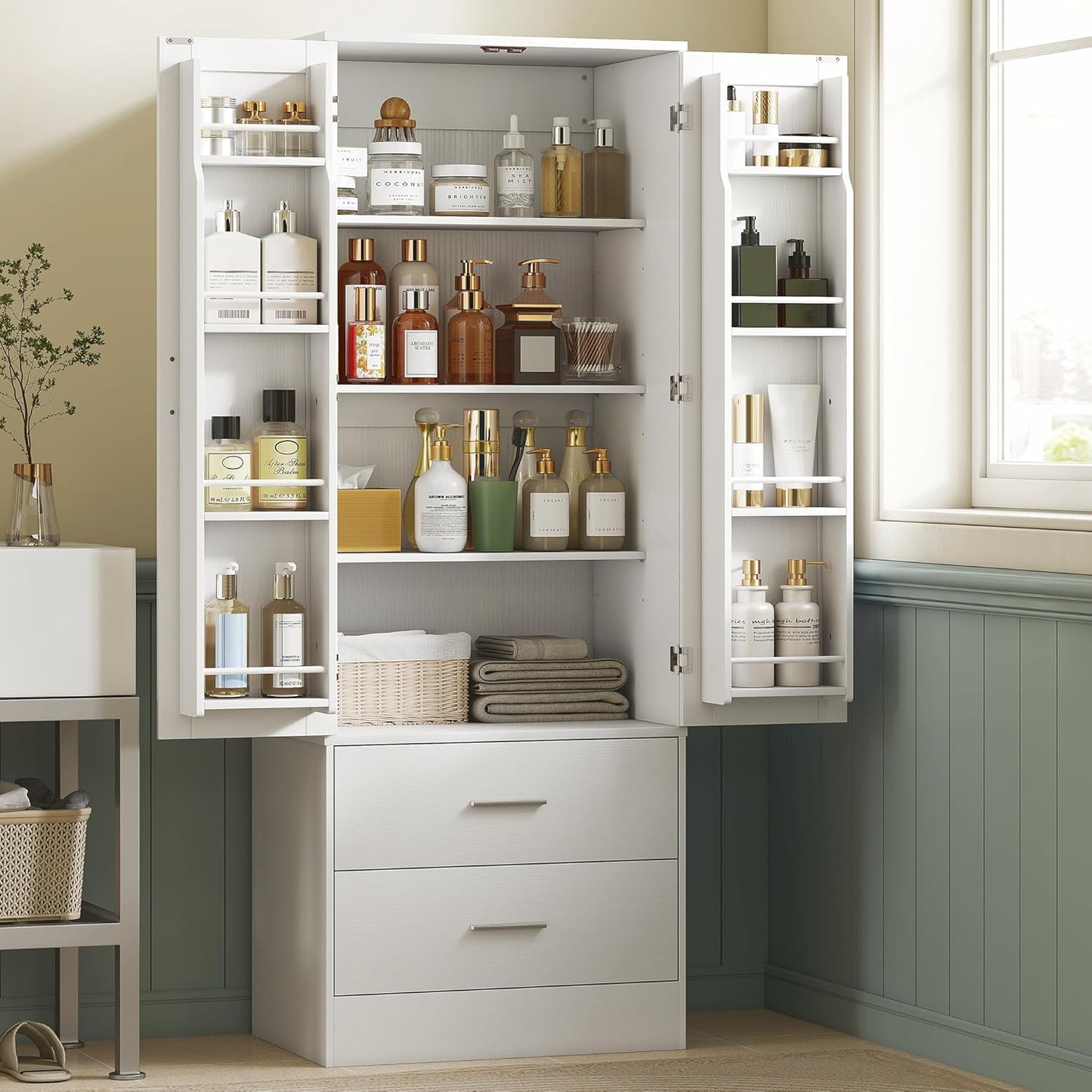 HOMCOM Kitchen Cabinet, Buffet Cabinet with 2 Doors, 8 Door Shelves, 2 Drawers, Tall Cabinet with Adjustable Shelves, Modern Storage Cabinet for Living Room, White, 60 x 40 x 159 cm