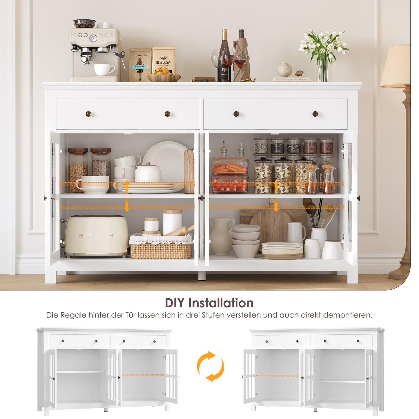 FirFurd Sideboard 140 cm Wide Kitchen Cabinet with Worktop Sideboard Living Room Kitchen Buffet Cabinet with 2 Drawers 4 Glass Doors Kitchen Buffet with Adjustable Shelves 140 x 40 x 91 cm Black