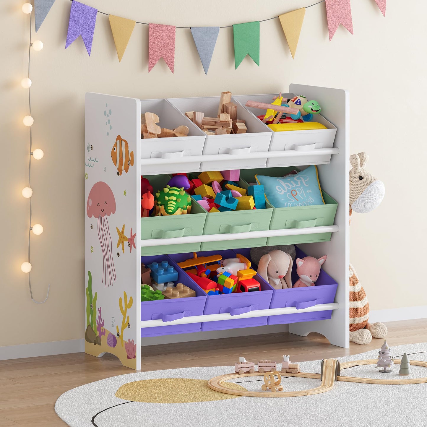 [en.casa] Boiro Children's Shelf, 60 x 62 x 30 cm, Standing with 9 Folding Boxes, Toy Storage Shelf, Ocean Motif