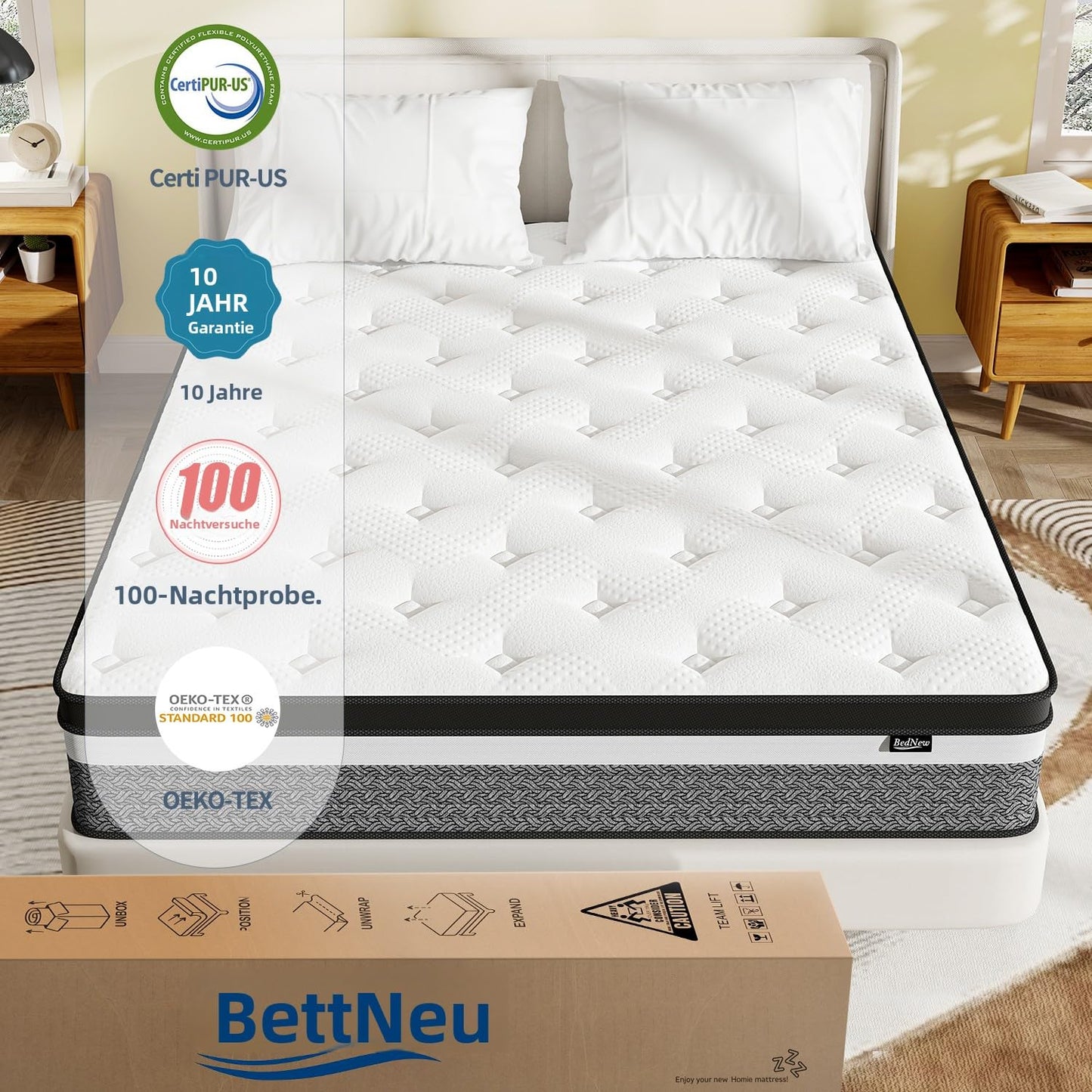 Mattress 180 x 200 cm, 30 cm Spring Mattress H3 Height 7-Zone Orthopaedic Pocket Spring Mattress with Comfort Memory Foam Layer, Oeko-Tex Certified, 101 Nights Trial Sleep