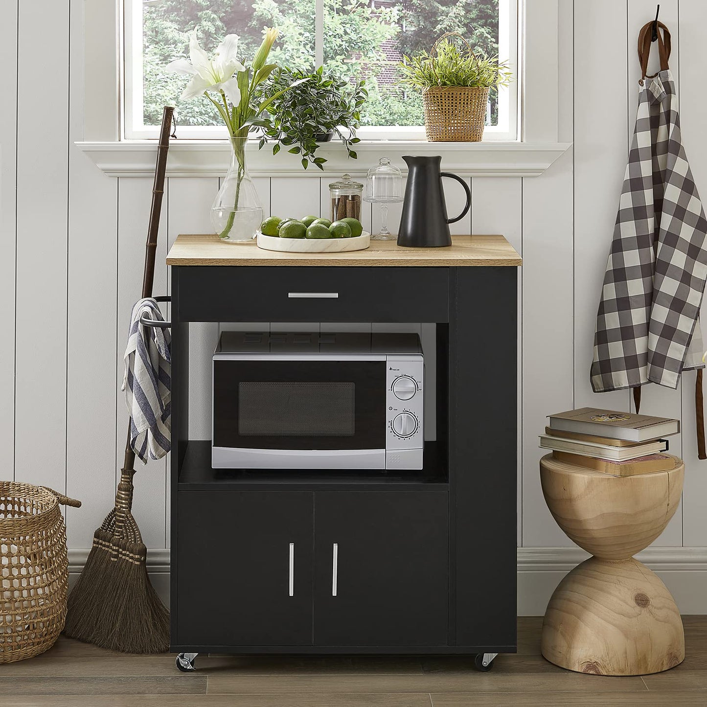 SoBuy Serving Trolley with Wheels Kitchen Trolley with Worktop Rolling Trolley Kitchen Island with Worktop Narrow Microwave Cabinet Kitchen Cabinet Side Table Wood Black 82 x 88 x 46 cm FKW113-SCH