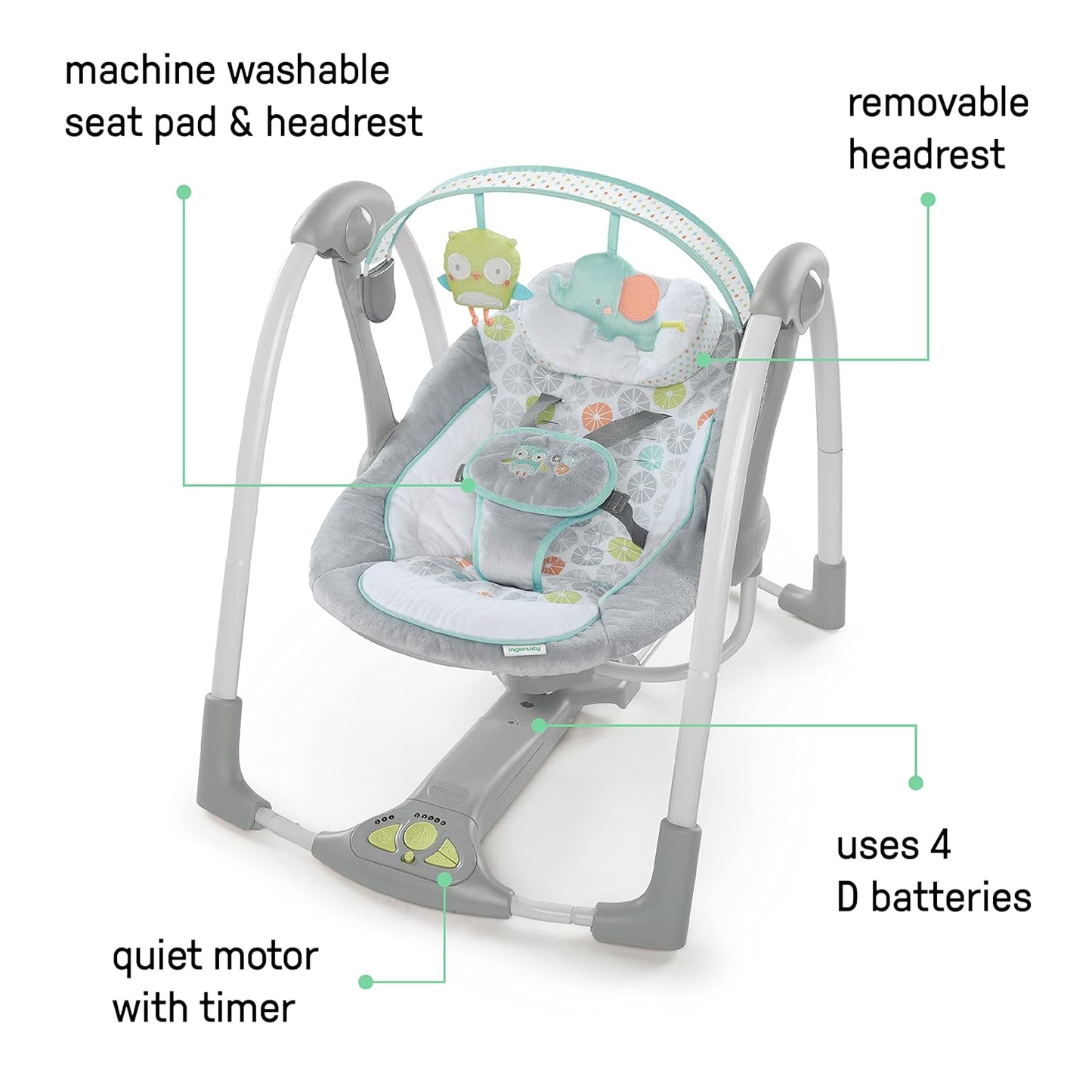 Ingenuity Hugs & Hoots Folding and Portable Baby Swing, 5 Swing Speeds, 8 Melodies, 3 Nature Sounds, Volume Control and Toy Hanger, from Newborns up to 9 kg