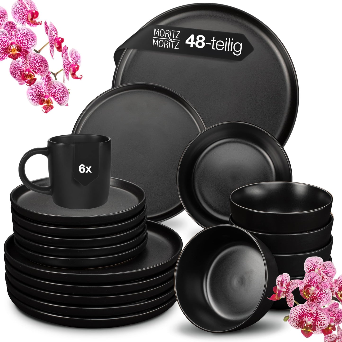 Moritz & Moritz Nordic Crockery Set for 6 People, 18-Piece Stoneware Crockery Set in Black, Scandinavian Design, Robust Plate Set for 6 People for Everyday Use and Guests, Crockery Sets