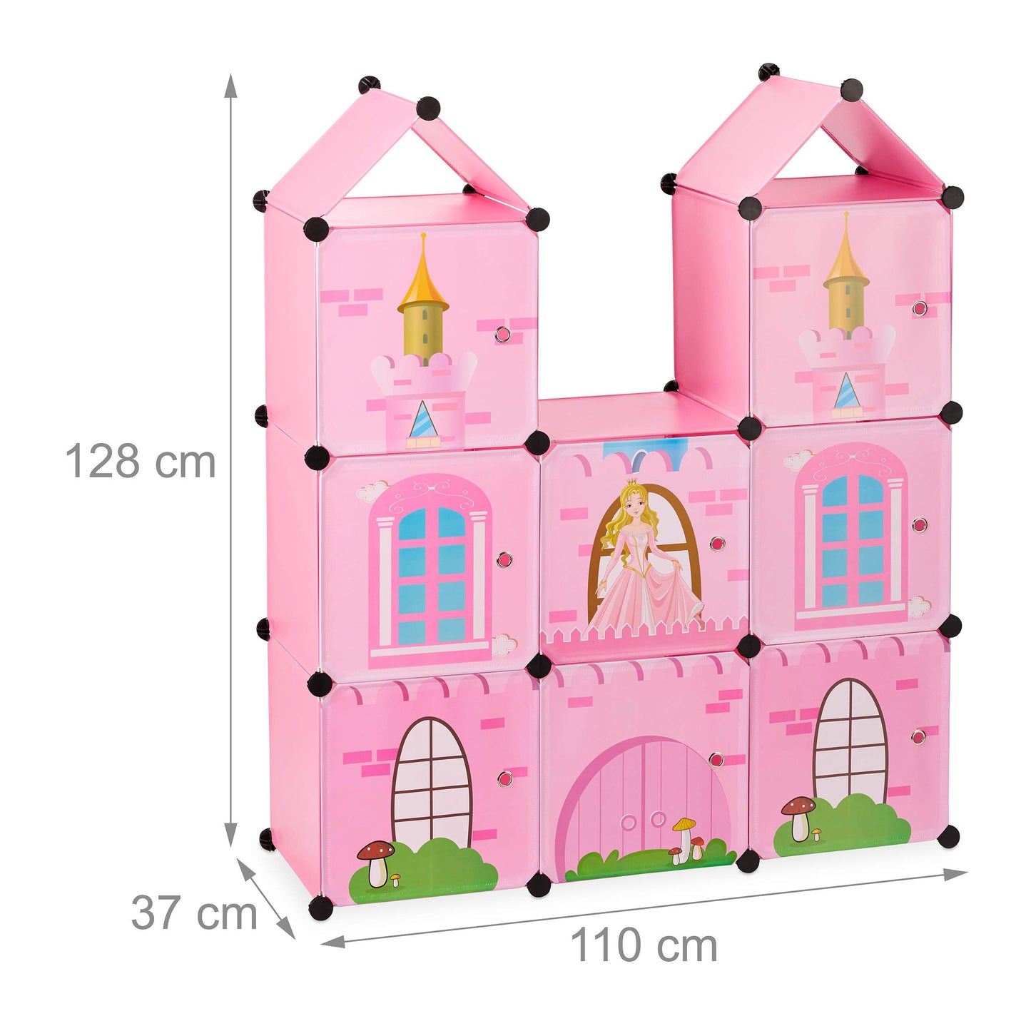 Relaxdays Boltless Shelving Unit for Children's Room, Princess Castle, Plastic, DIY Cabinet with Doors, H x D: 128 x 110 x 37 cm, Pink