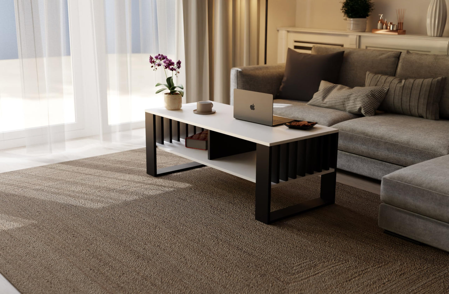 Meble Pitus Coffee Table White - Modern Living Room Table 90 x 50 x 50 cm with Storage Space & Slat Design