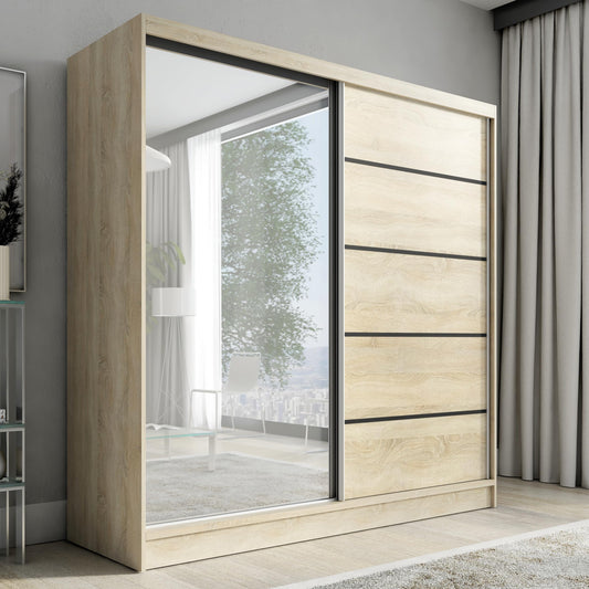 A&J MöbelLand Schwebetürenschrank mit Spiegel, 200 cm, 2 Türen, Schwarz (Schwarz)