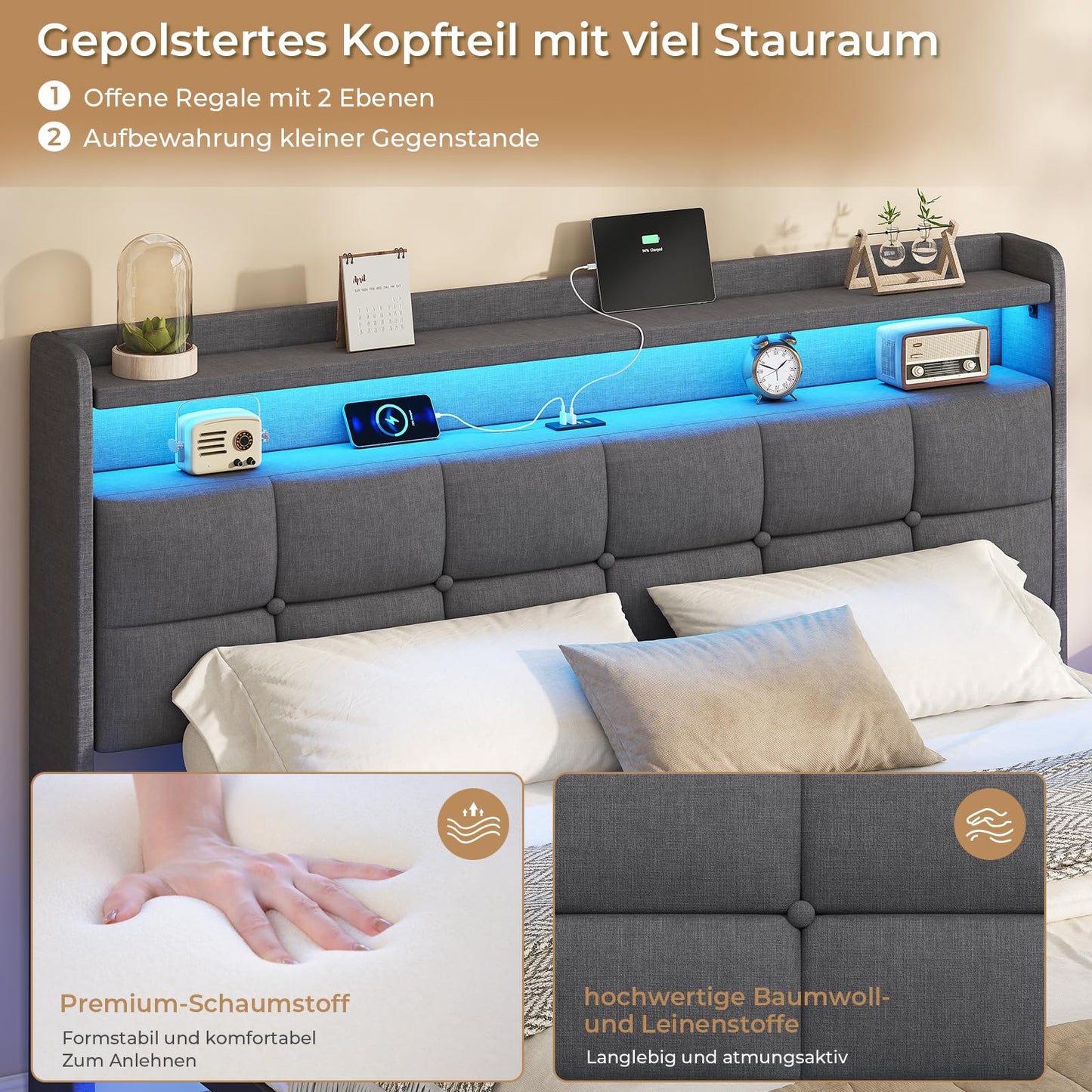 AOGLLATI Upholstered Bed 140 x 200 cm, Double Bed Frame, Bed Frame with LED Lighting and Charging Station, Bed Frame with Headboard, Bed Floating Bed Frame, Metal Bed, Linen, Dark Grey (without