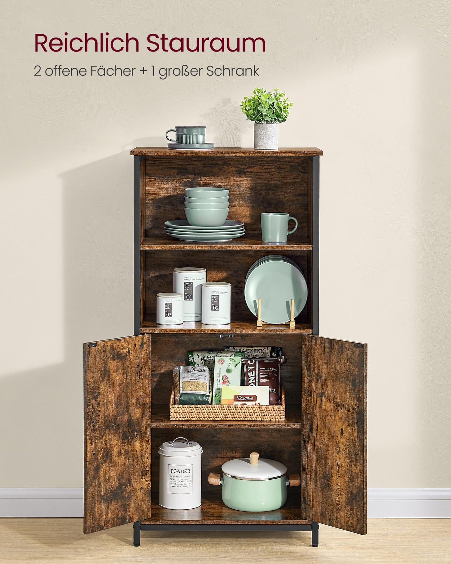 VASAGLE Bookcase, Book Cabinet, Office Shelf, Kitchen Cabinet with 2 Open Compartments, Adjustable Shelf in Cupboard, Multifunctional, Industrial Design, Vintage Brown/Black LSC66BX