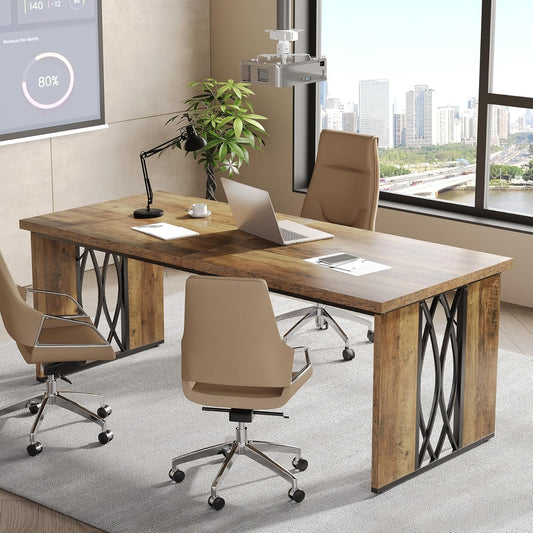 Tribesigns Computer Desk, 200 x 70 x 76 cm, Double Long Desk, PC Table, Office Table, Work Table, Industrial Design Conference Table for Home Office, Brown