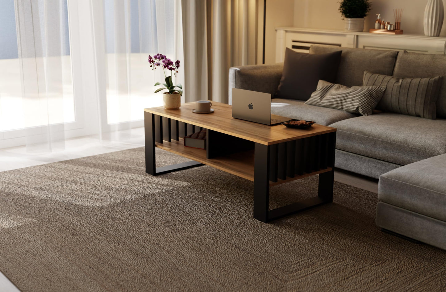 Meble Pitus Coffee Table White - Modern Living Room Table 90 x 50 x 50 cm with Storage Space & Slat Design