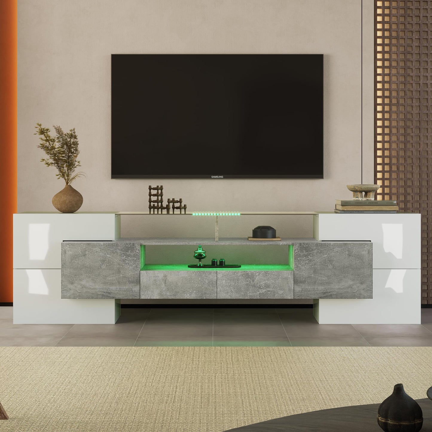 TV Cabinet, TV Stand with 2 Lockers, 200 cm Long, Adjustable Shelves, High Gloss LED TV Lowboard for Living Room Furniture and Dining Room, Bedroom