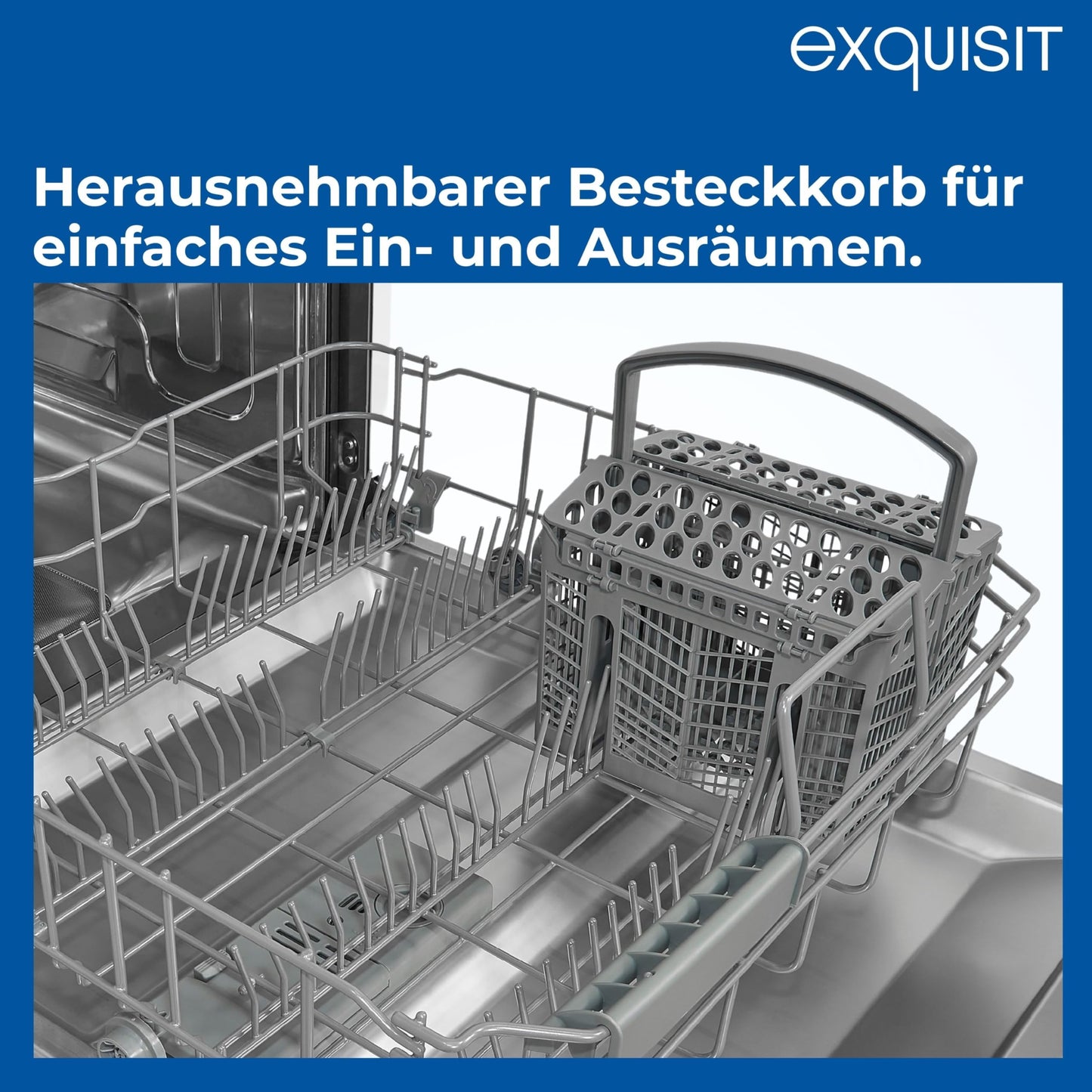 Exquisit PRO GSP56314-030C Dishwasher 60 cm, Undermountable, Energy Efficiency Class: C, 14 Place Settings, Cutlery Drawer, Automatic Door Opening, Delay Start, 11 Litres, Silver
