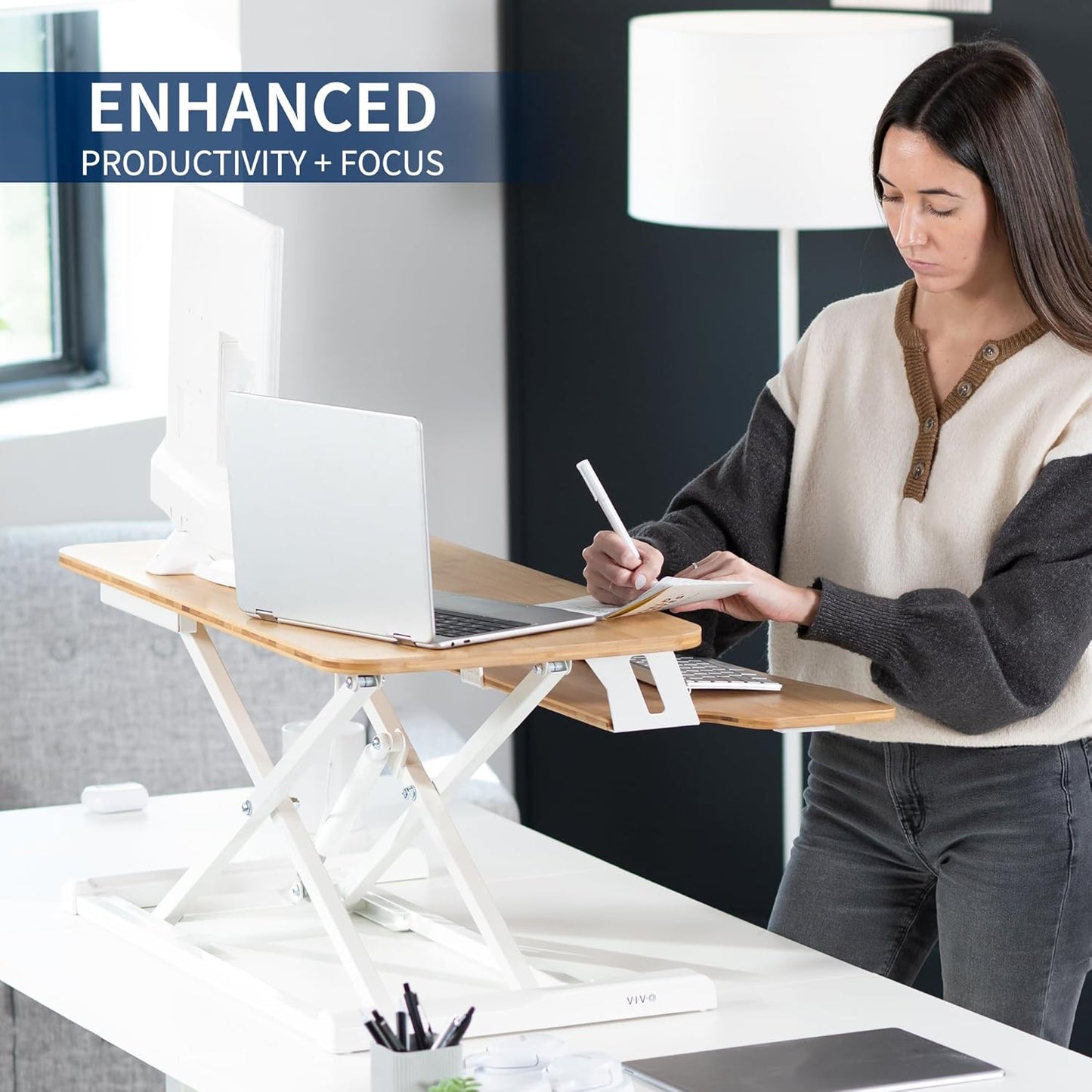 VIVO 32” Stehpult-Konverter mit höhenverstellbarem Aufsatz, Steh-Sitz-Arbeitsplatz für zwei Monitore und Laptop, mit breiter Tastaturablage, Schwarz, DESK-V000K