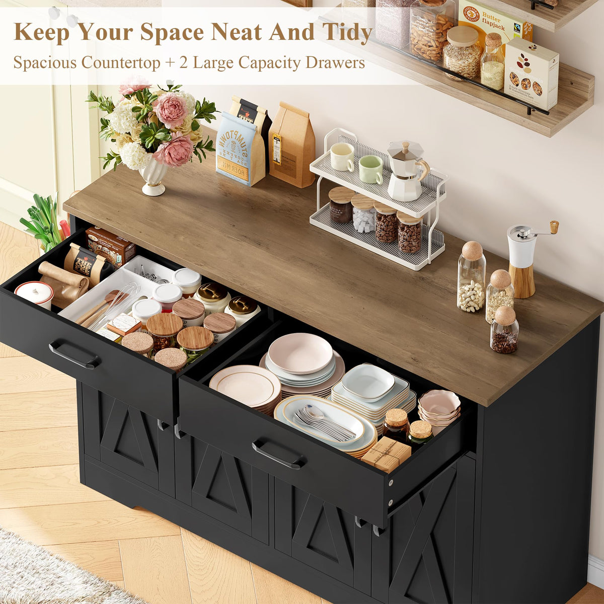 HOCSOK Sideboard, 120 cm Wide Kitchen Cabinet with Worktops, Kitchen Buffet Storage Cabinet with 2 Drawers and 4 Doors, Living Room, Kitchen, Hallway, White & Brown
