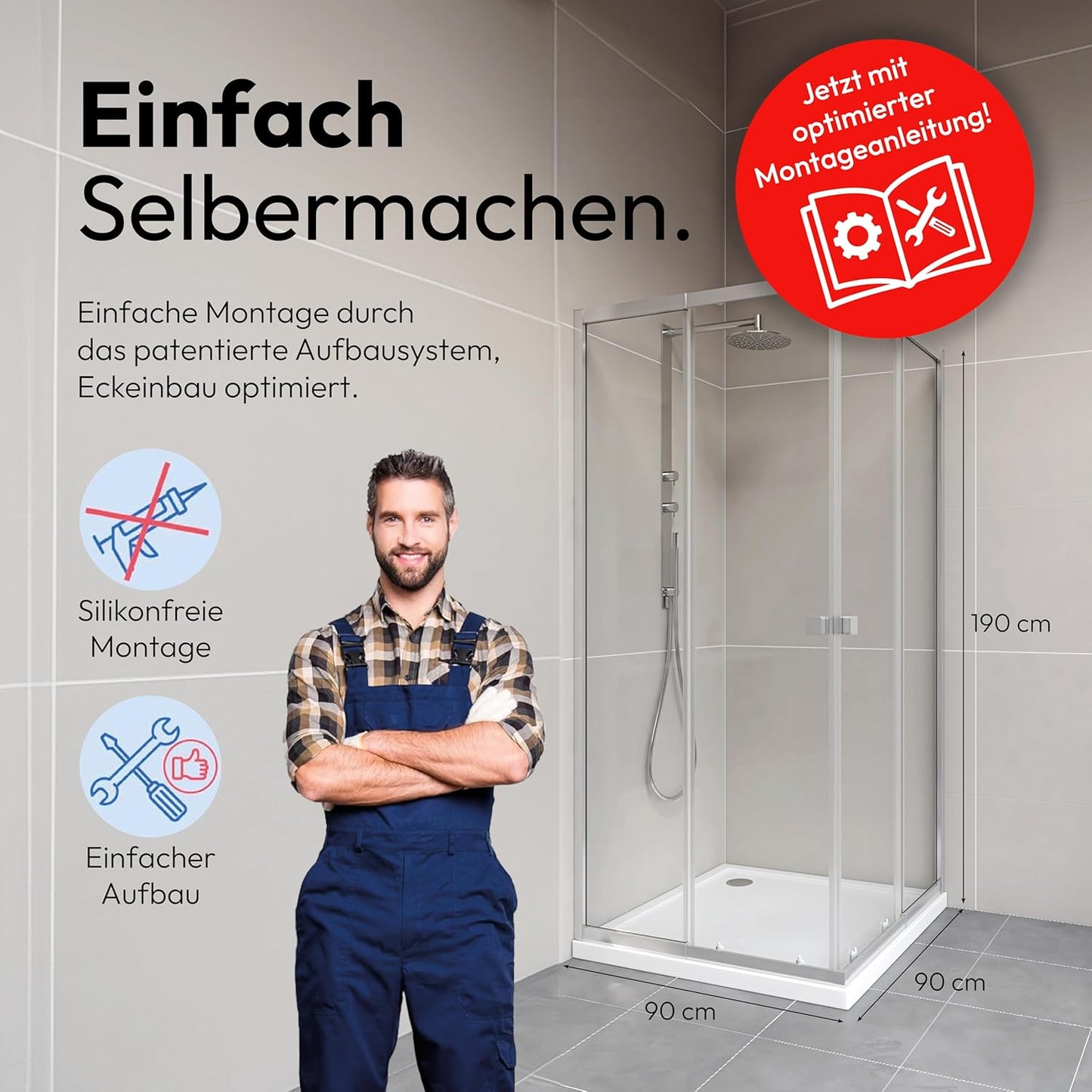 MARWELL Flexi Shower Cubicle 77-90x77-90-190 cm Corner Shower with High-Quality Adjustable Aluminium Profiles in Matte Silver Shower Enclosure with Removable Sliding Doors for Cleaning