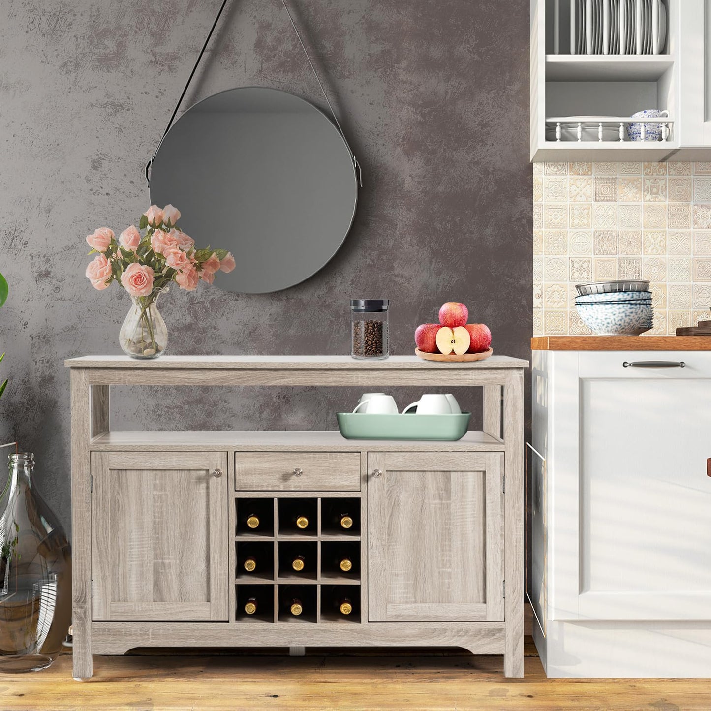 COSTWAY Sideboard Kitchen Cabinet with Doors and Drawers, Wooden Kitchen Chest of Drawers, Buffet Cabinet, Storage Cabinet, Side Cabinet, Wine Cabinet, 116 x 40 x 82 cm (White)