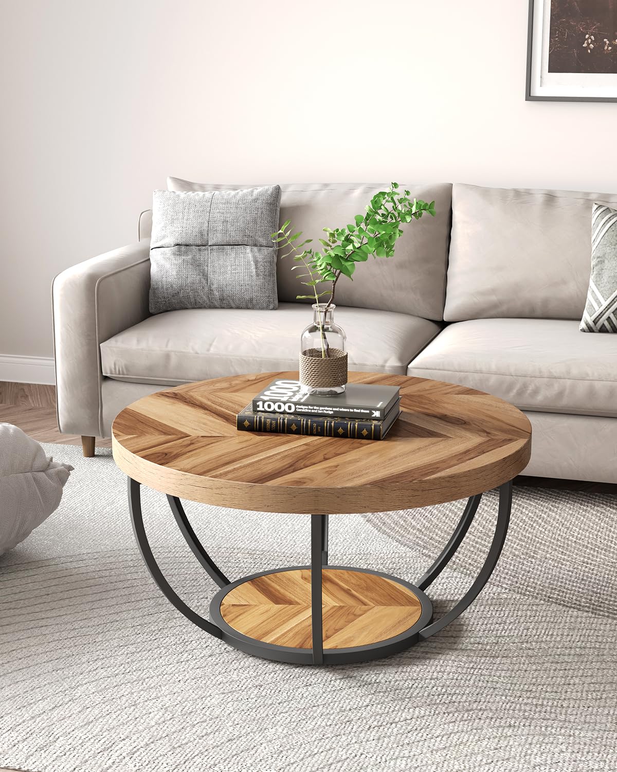 LITTLE TREE Round Coffee Table 32 Inch Round Coffee Table for Living Room 2 Tier Wood Accent Center Table with Open Storage Industrial Design Home Furniture (Wood Grain and Black)