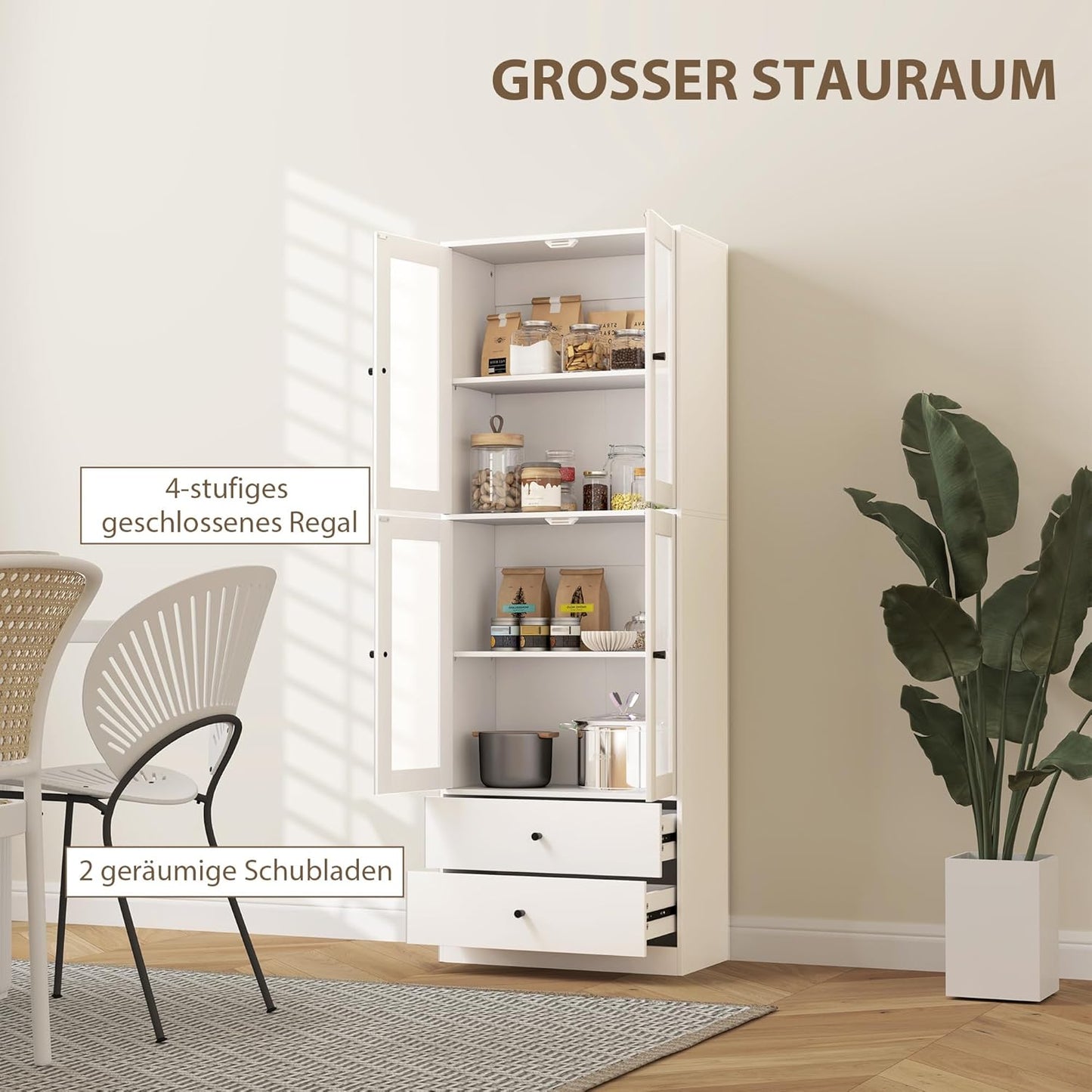 HOMCOM Kitchen Cabinet Display Cabinet with Worktop, 2 Drawers, Tall Cabinet with 4 Glass Doors, Buffet Cabinet with Adjustable Shelves, 59 x 30 x 170 cm, White