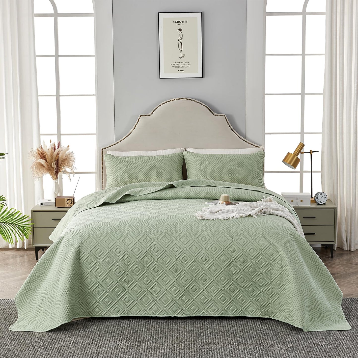 Qucover Tagesdecke Bettüberwurf 220x240cm Grün, Bedspreads aus Mikrofaser, Bettüberwuf Set mit 2 Kissenbezügen 50x75cm,Steppdecke bei 3D-Ultraschal genäht, Sofaüberwurf Bettüberwurf Überwurfdecke