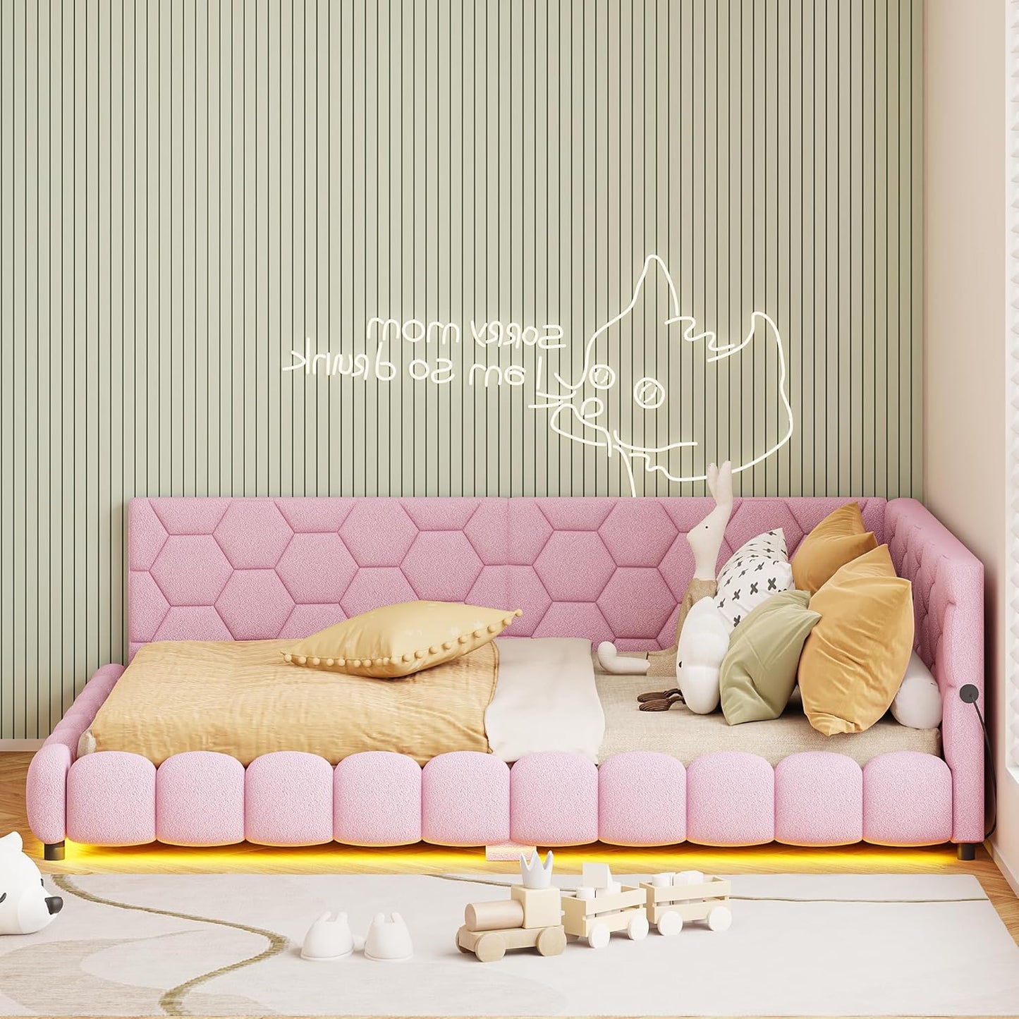Upholstered Sofa Bed 140 x 200 cm, with Ambient Light and USB Connection, Children's Bed with Slatted Frame, Functional Bed, Teenager's Bed, Lambswool Material, Pink