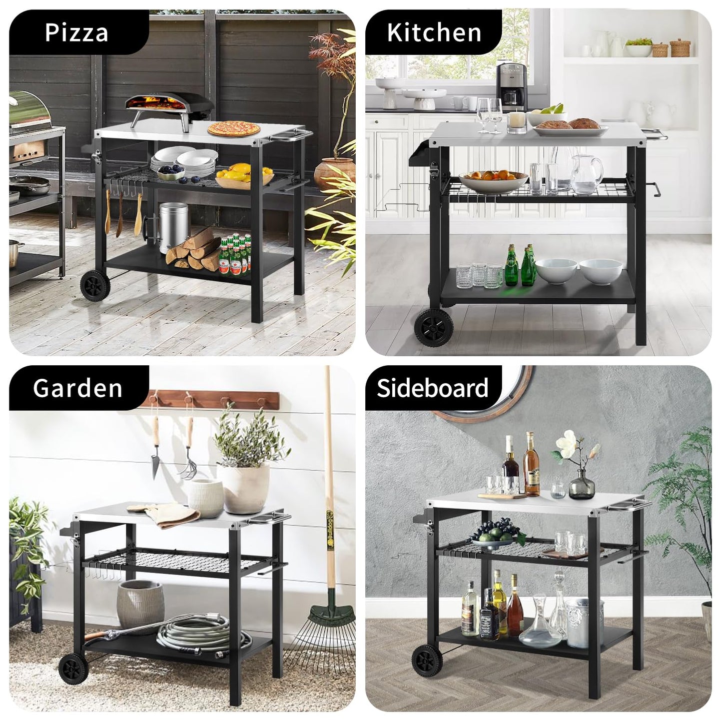Barbecue Table with Large Work Surface | Grill Side Table, Outdoor Grill Trolley, Grill Table Outdoor, Stainless Steel Table Top, Outdoor Garden Trolley