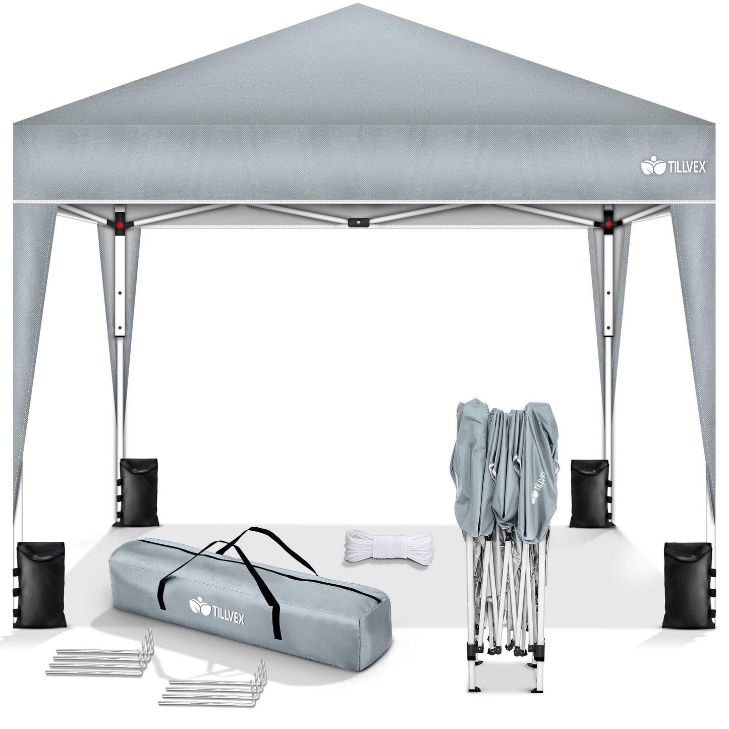 tillvex Gazebo 3 x 3 m Waterproof with 4 Side Panels + Set of 4 Sandbags Pop-Up Folding Gazebo Stable & Height Adjustable Garden Tent UV Protection 50+ Party Tent with Bag for Garden, Grey
