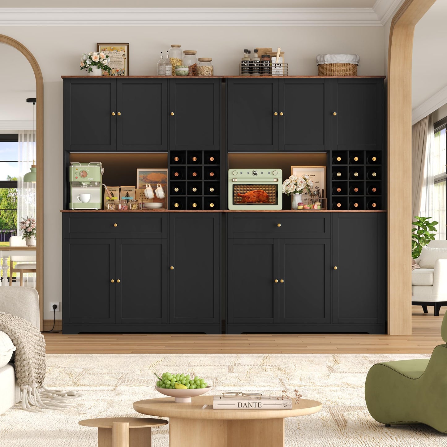 FirFurd Kitchen Cabinet 180 cm Buffet Cabinet with LED Sideboard for Kitchen with Power Strip Kitchen Cabinet with Worktop and Wine Rack for 12 Bottles Kitchen Buffet Kitchen Furniture 180 x 100 x 39