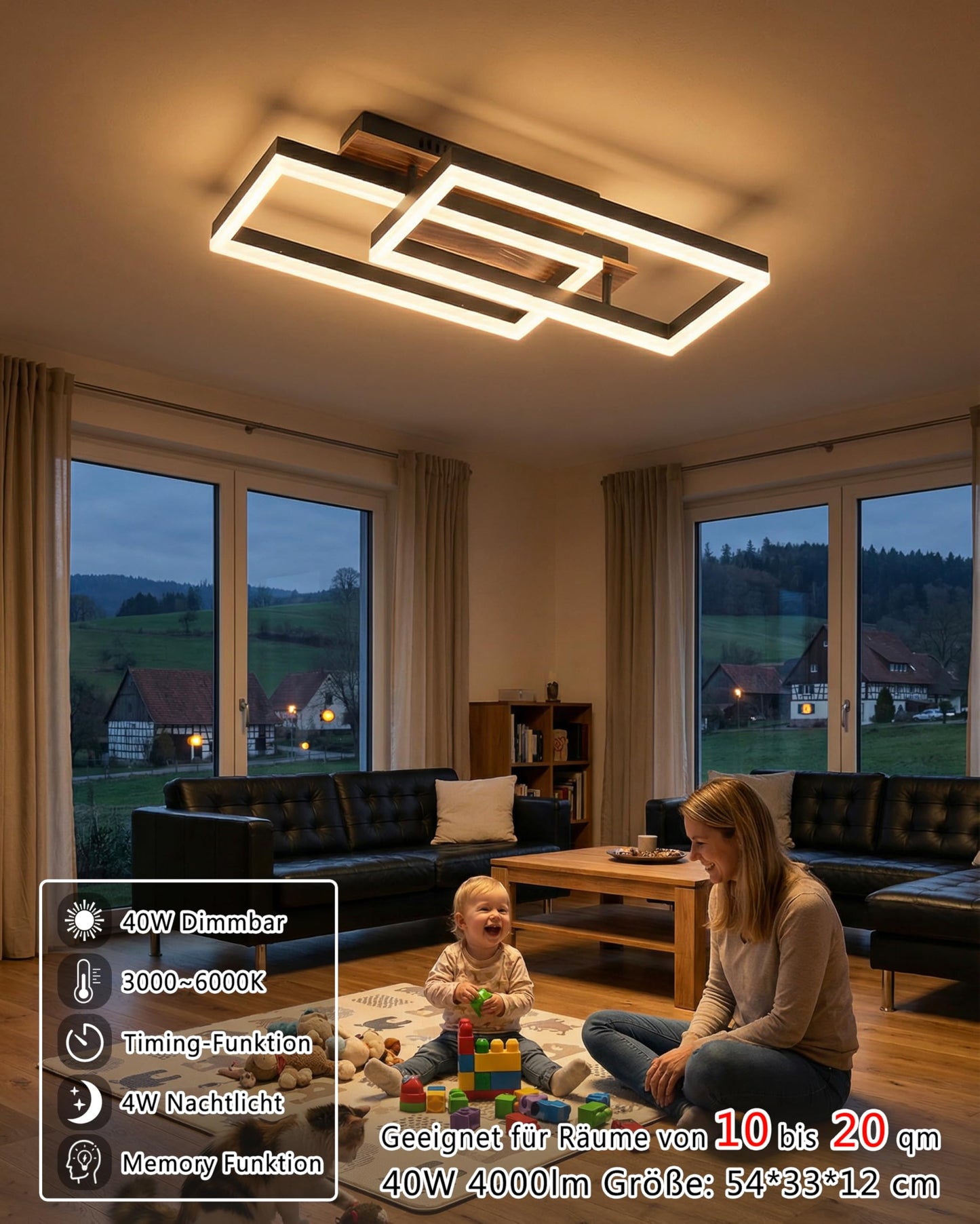 LED Ceiling Light Wood Dimmable, Rotatable 350°, Solid Wood Black Vintage Ceiling Light, 28 W, 40 cm, 2800 lm, 3000 K - 6000 K with Remote Control, Bedroom Lamp, Memory Function, 3 W Night Light