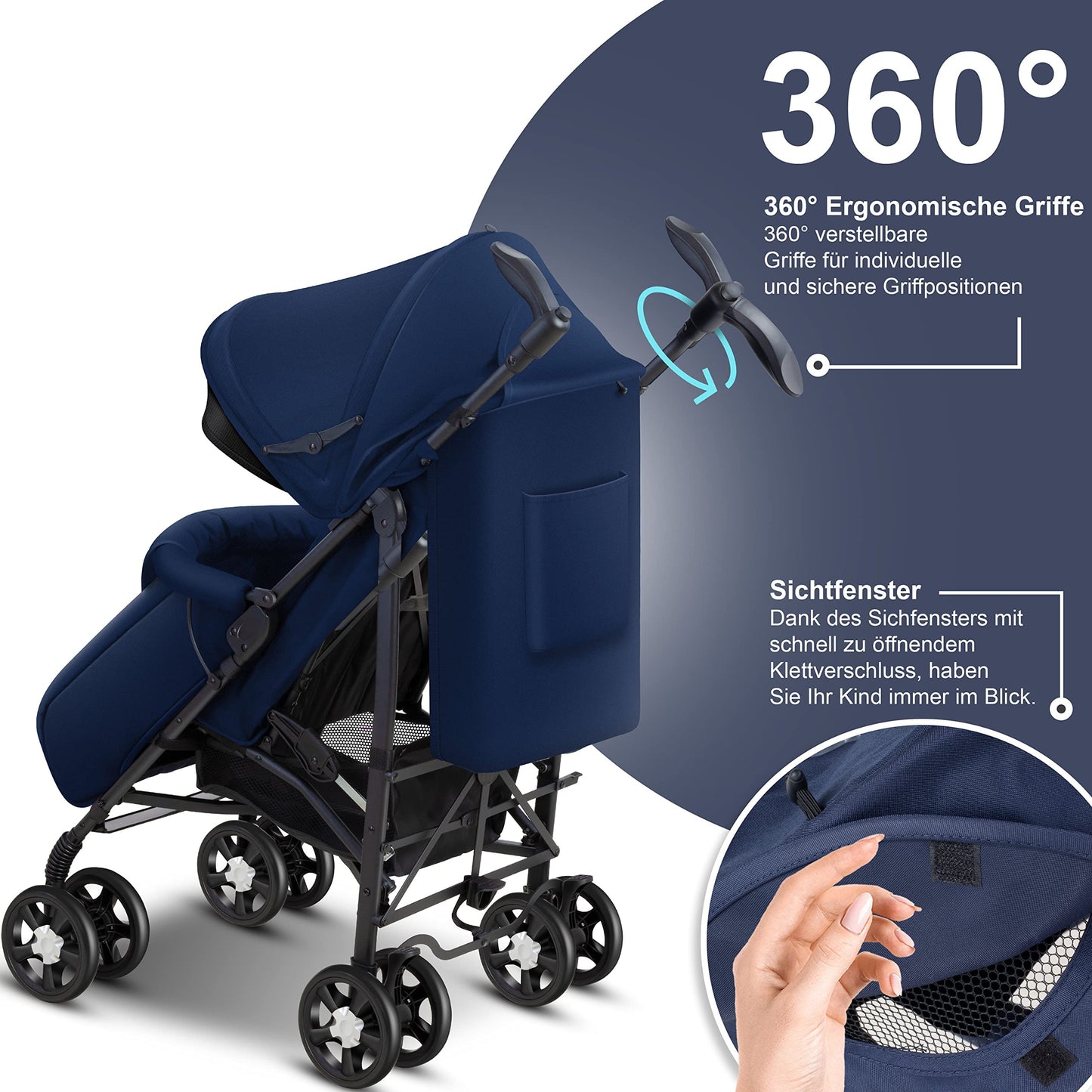 KIDIZ® City-Pro Pushchair Folding Pushchair Pushchair Sports Pushchair Foldable 360° 6 Inch Wheels Includes Mosquito Net, Footmuff and Rain Cover Foldable Sleep Function Blue