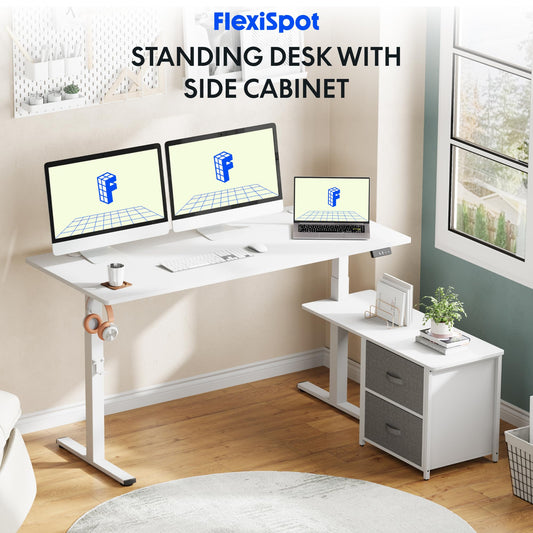 FLEXISPOT Height-Adjustable Desk, Electrically Height-Adjustable, L-Shaped with Drawers and Reversible Storage Space, Ergonomic Standing Seat Table, 160 x 70 cm, White