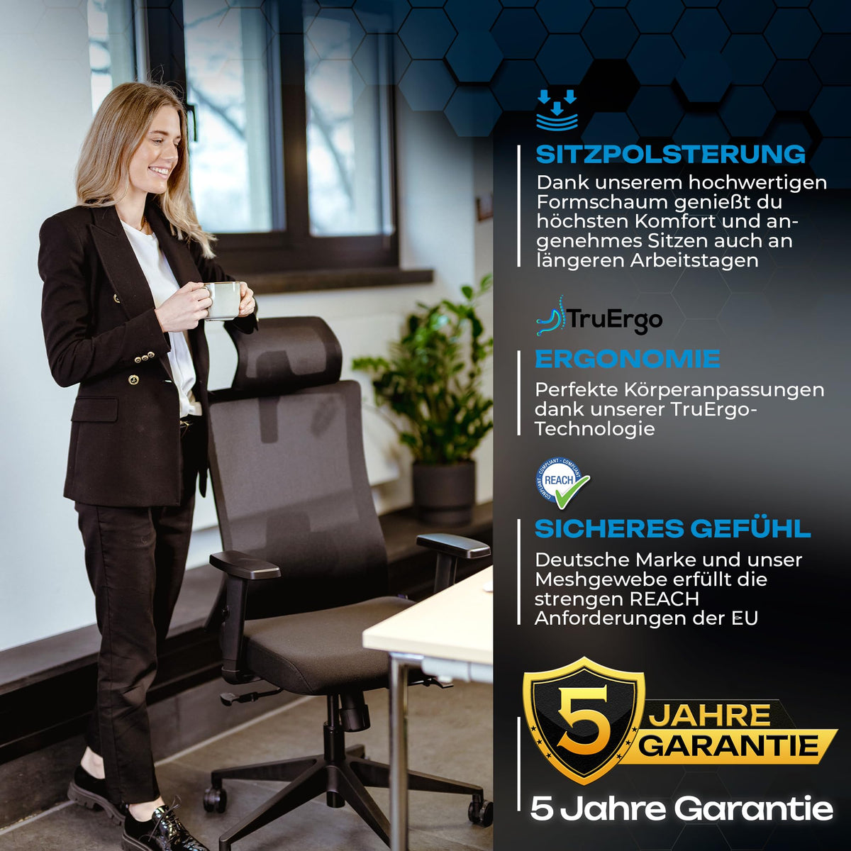 M2 Ergonomic Office Chair, Test Winner with Adjustable Armrest without Headrest for Maximum Freedom of Movement, Back-Friendly, Comfortable Desk Chair for Office and Home Office Chair