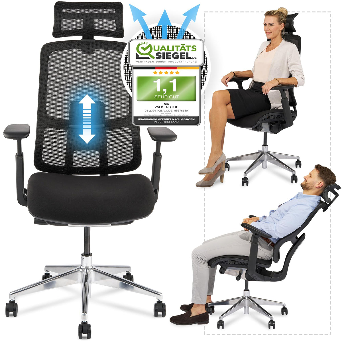 M2 Ergonomic Office Chair, Test Winner with Adjustable Armrest without Headrest for Maximum Freedom of Movement, Back-Friendly, Comfortable Desk Chair for Office and Home Office Chair