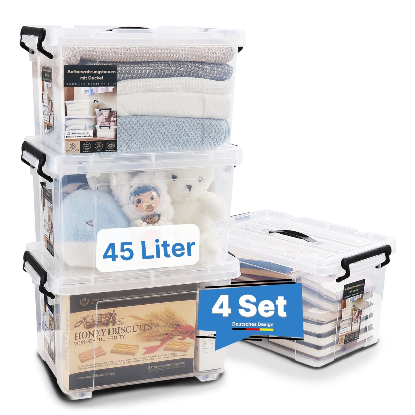 Heavy Duty Storage Boxes with Lids Dustproof Plastic Boxes Stackable BPA Free Clear Moisture Resistant Plastic Boxes for Home Basement (4 x 60L)