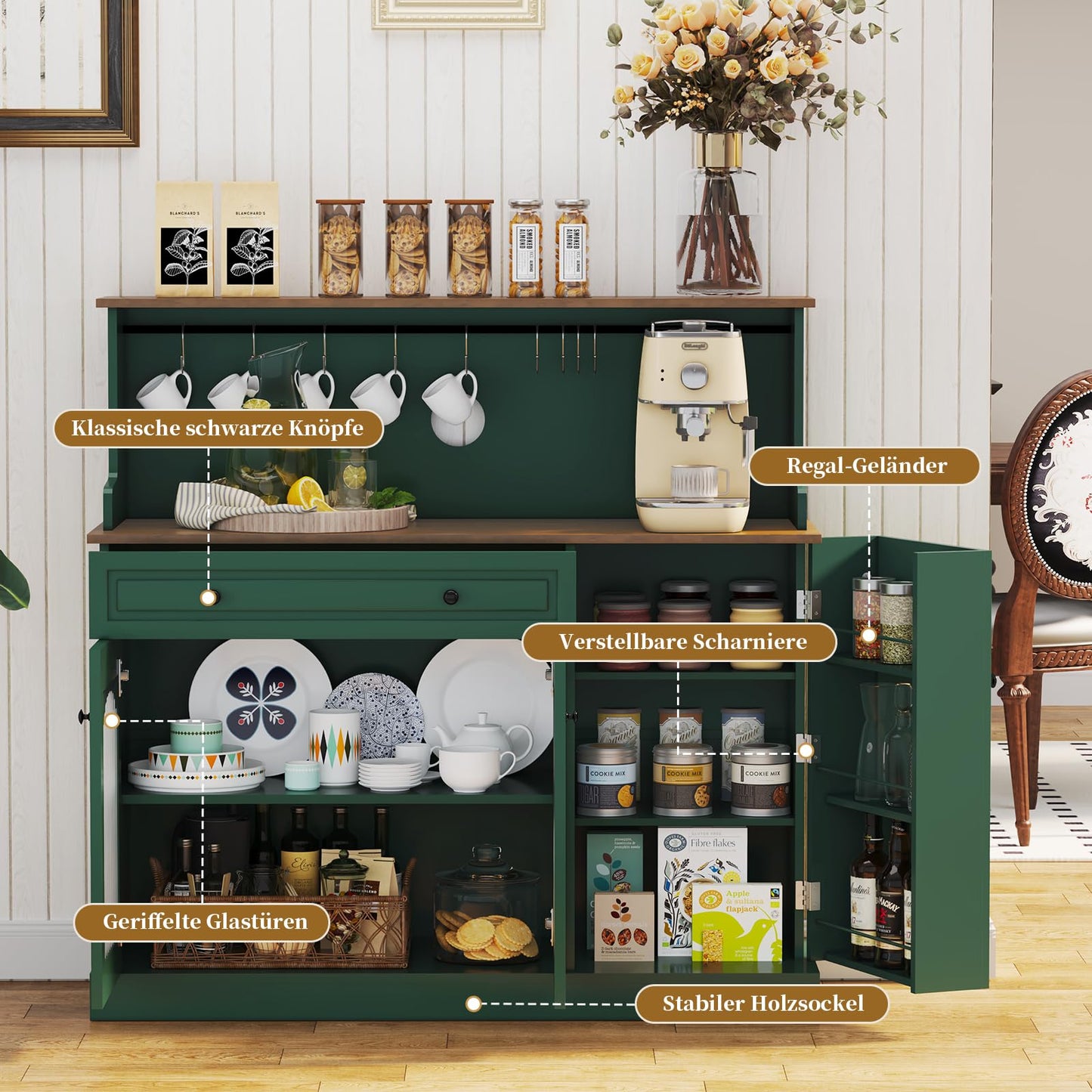 HOLTICO Küchenschrank mit Arbeitsplatte, Küchenbuffet Buffetschrank Grün, Weinschrank mit Schublade und Oberer Ablage, Kommoden & Sideboards für Wohnzimmer, Esszimmer