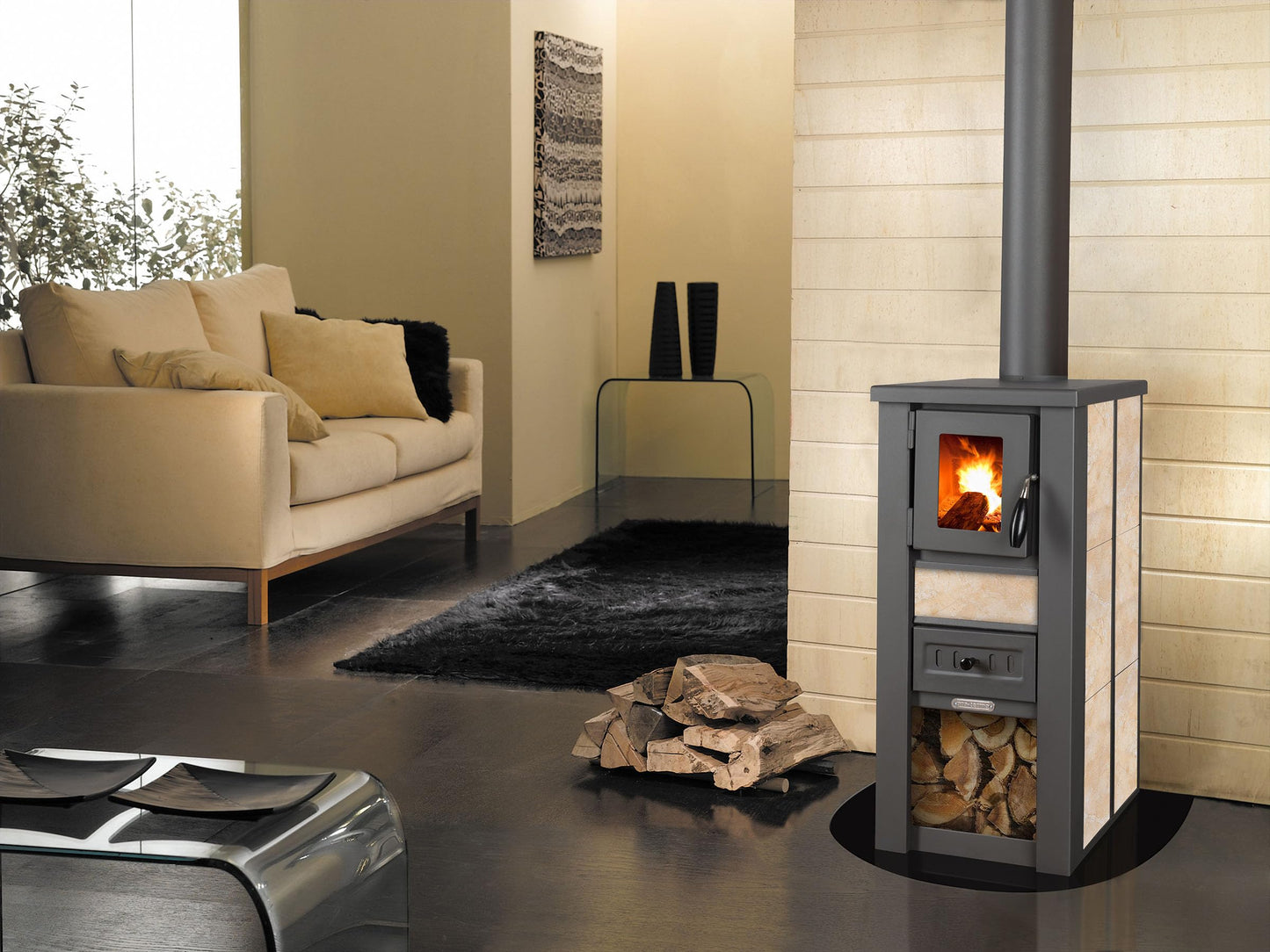 ProTermo Lava Ceramic Wood Stove - 6.5 kW Heating Output - 35 x 44 x 78 cm Wood Stove with Fireclay Blocks [Energy Efficiency Class A] with Viewing Window Wood Fireplace