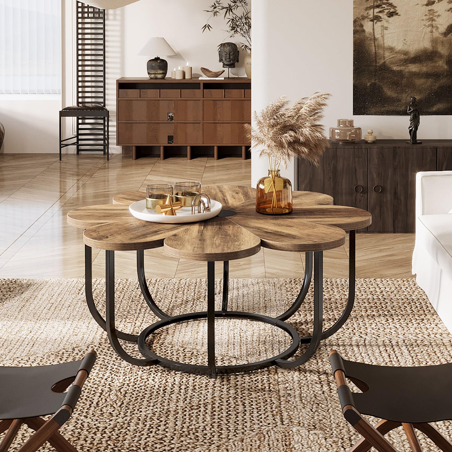 Tribesigns Coffee Table in White and Gold, Modern Coffee Table in Flower Shape with Faux Marble Top 100 cm Large Floral Accent Table with Metal Frame, Living Room Table, Sofa Table for Living Room