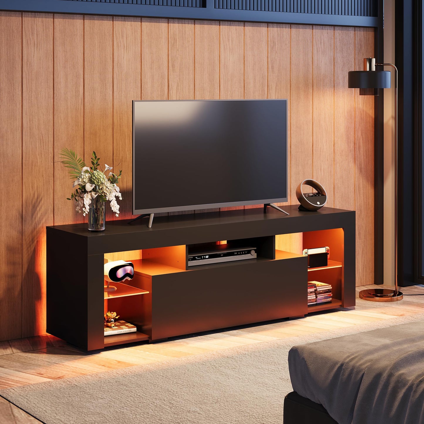 WLIVE TV Cabinet with LED, Lowboard Black for TVs up to 60 Inches, TV Stand for Living Room, 20 Colours LED Lighting, TV Cabinet with Open Storage Space and Drawers, Black
