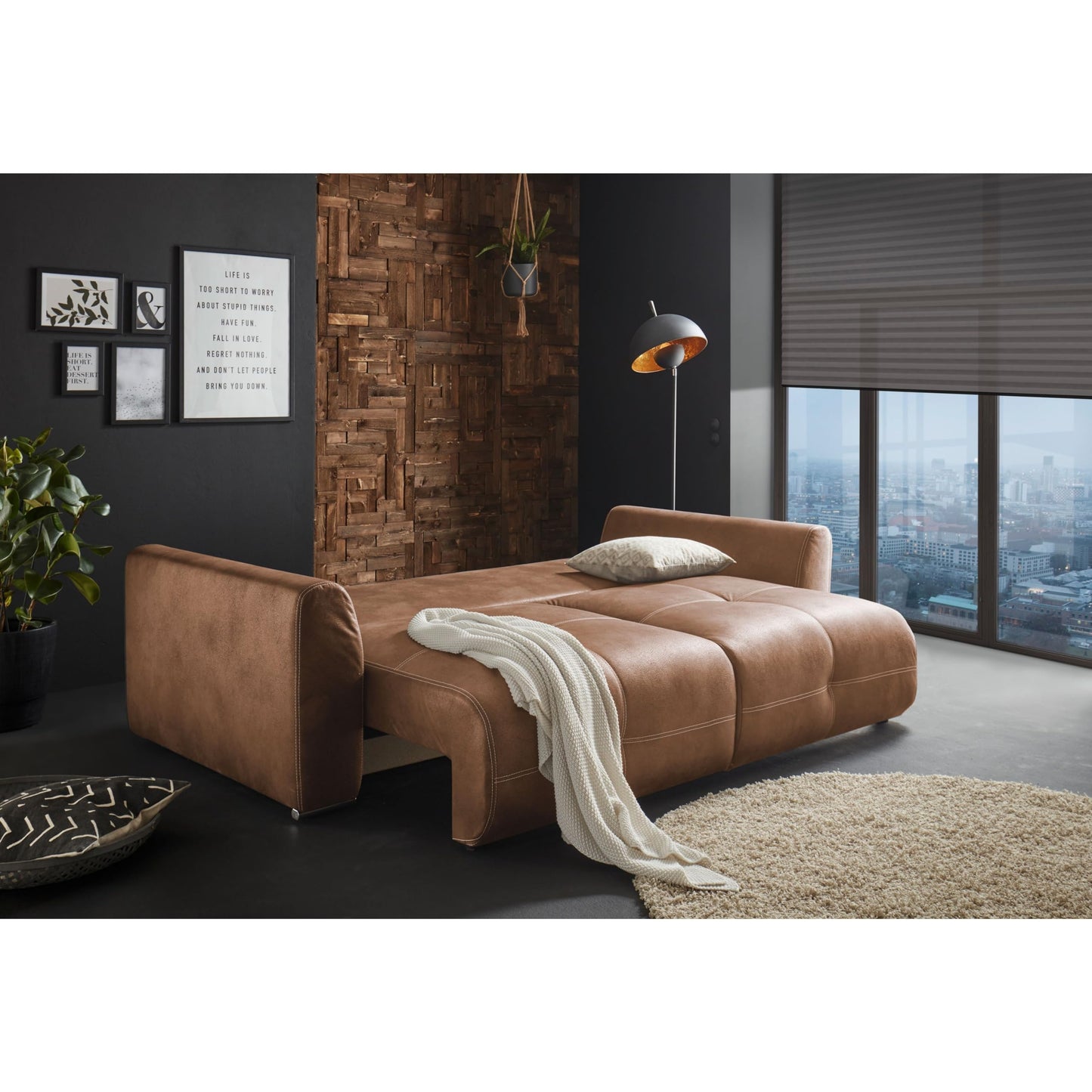 Dolan Comfortable Sofa Bed in Leather Look with Bed Box, Light Brown, Extendable Sofa with Sleep Function, 245 x 85 x 115 cm (W x H x D)