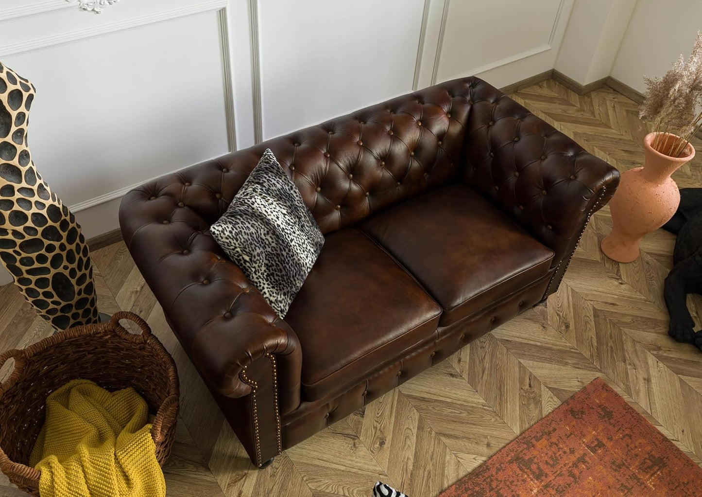 MASSIVMOEBEL24.DE Chesterfield #103 3-Seater Sofa Real Leather 218 x 82 x 76 cm Brown