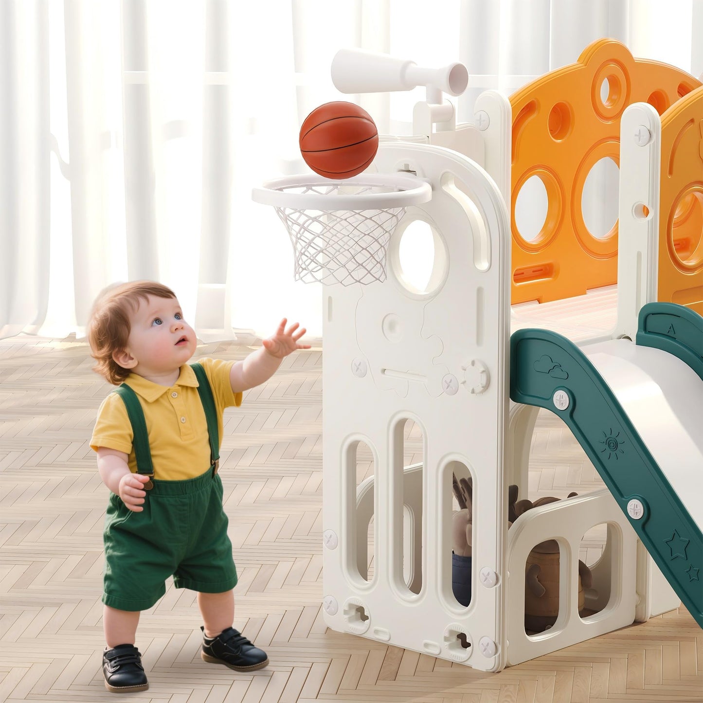 Hominewti 8-in-1 Kids Slide, Kids Playground with Basketball Hoop, Telescopic and Climbing Frame, Baby Slide for Toddlers, Playground for Indoor and Outdoor Use, Green