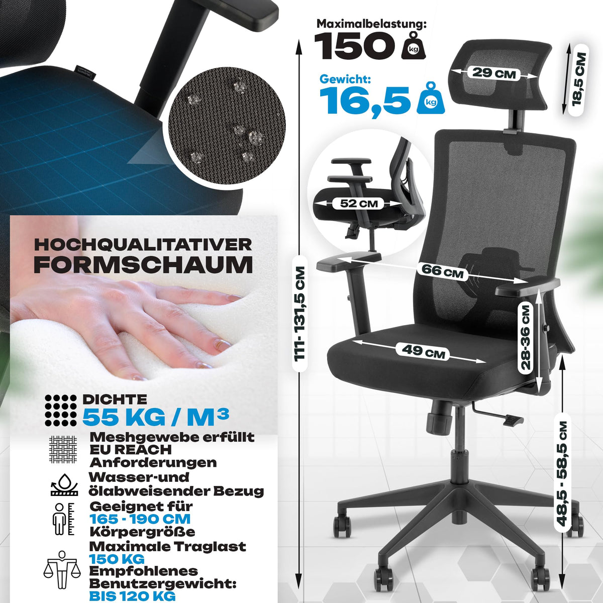 M2 Ergonomic Office Chair, Test Winner with Adjustable Armrest without Headrest for Maximum Freedom of Movement, Back-Friendly, Comfortable Desk Chair for Office and Home Office Chair